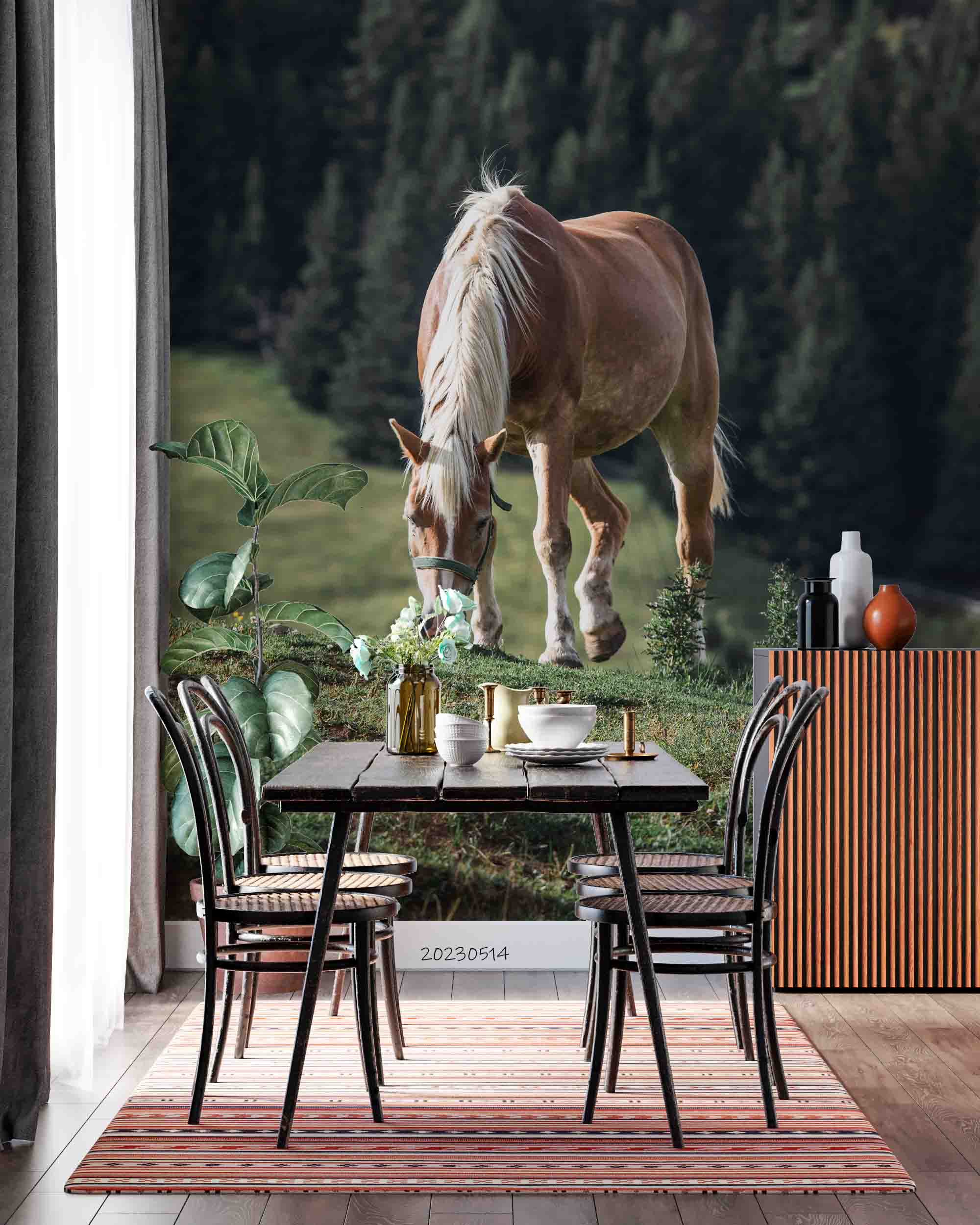3D Brown Horse White Mane Grazing Mountain Pine Background Wall Mural Wallpaper GD 5359- Jess Art Decoration