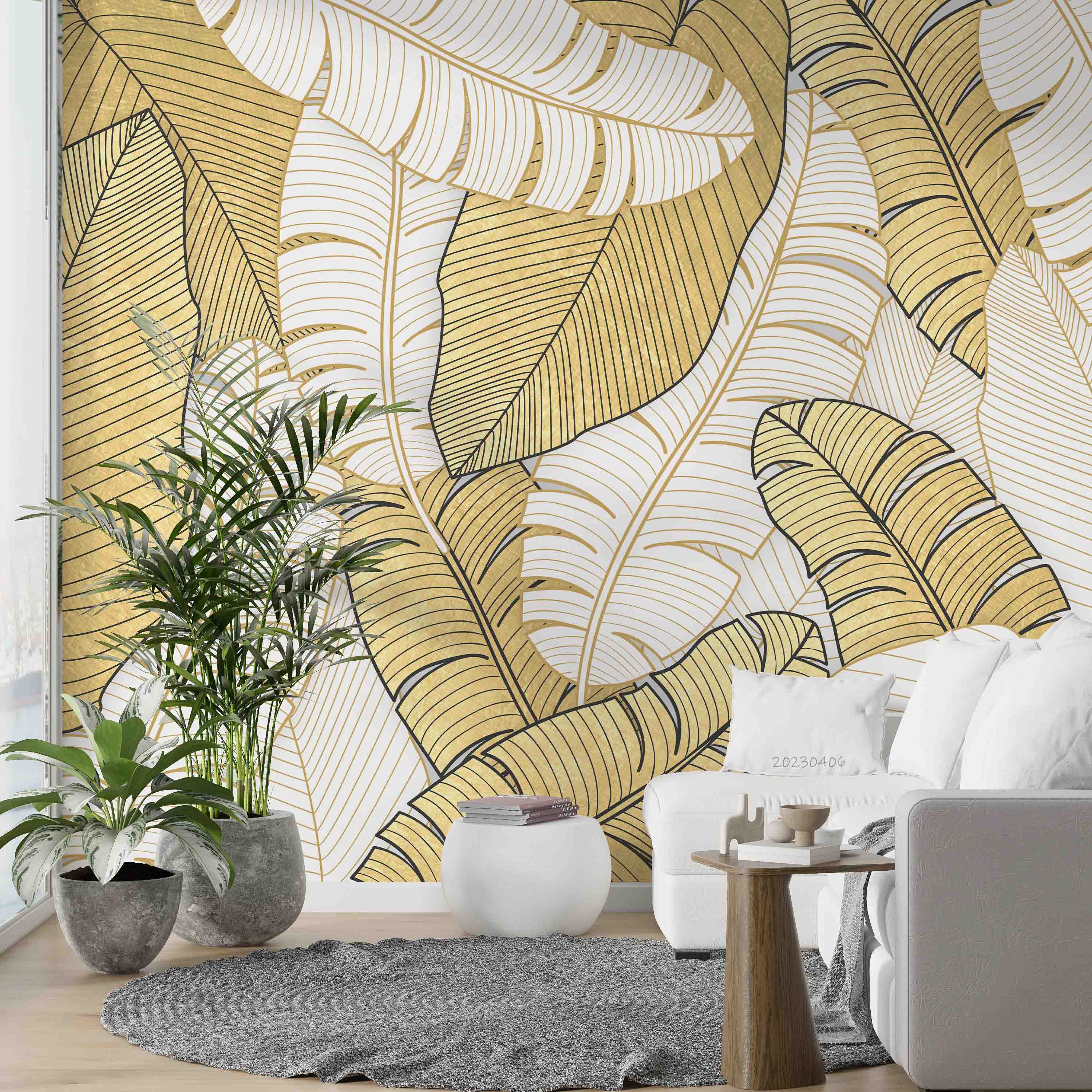 3D Vintage Tropical Leaf White Gold Wall Mural Wallpaper GD 5605- Jess Art Decoration