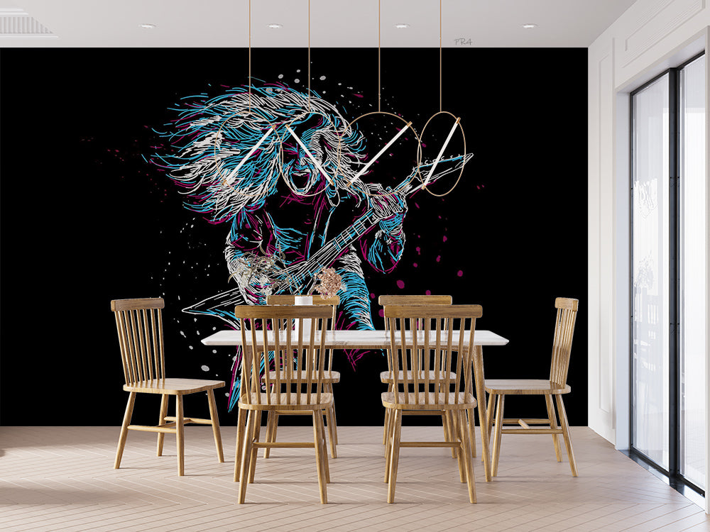 3D Electric Guitar Rock Figure neon rock singer character wall mural wallpaper for teen room - view 3