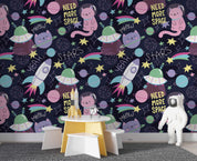 3D Space Cat Pattern space cat cartoon pattern wall mural wallpaper for playroom - view 3