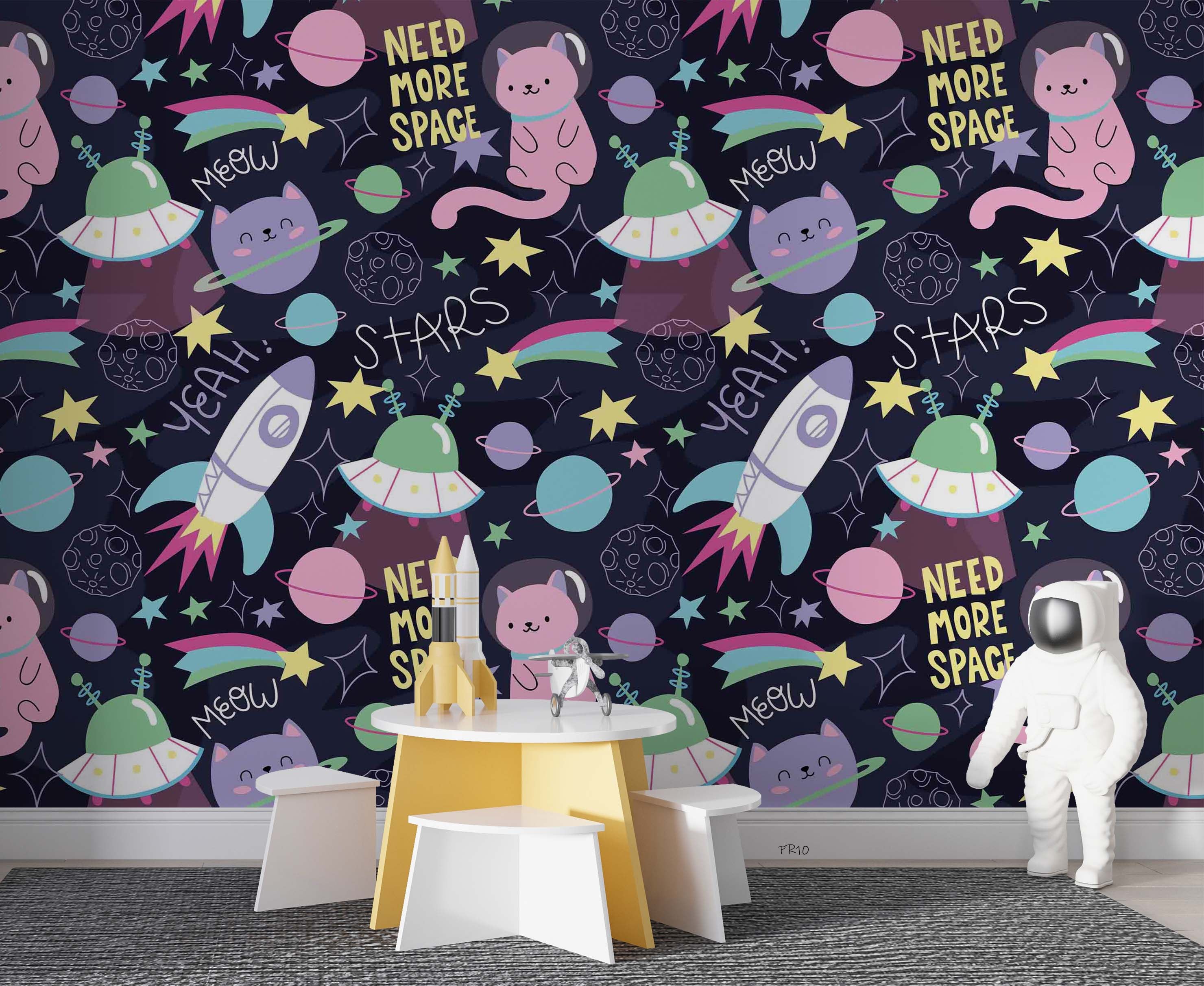 3D Space Cat Pattern space cat cartoon pattern wall mural wallpaper for playroom - view 3