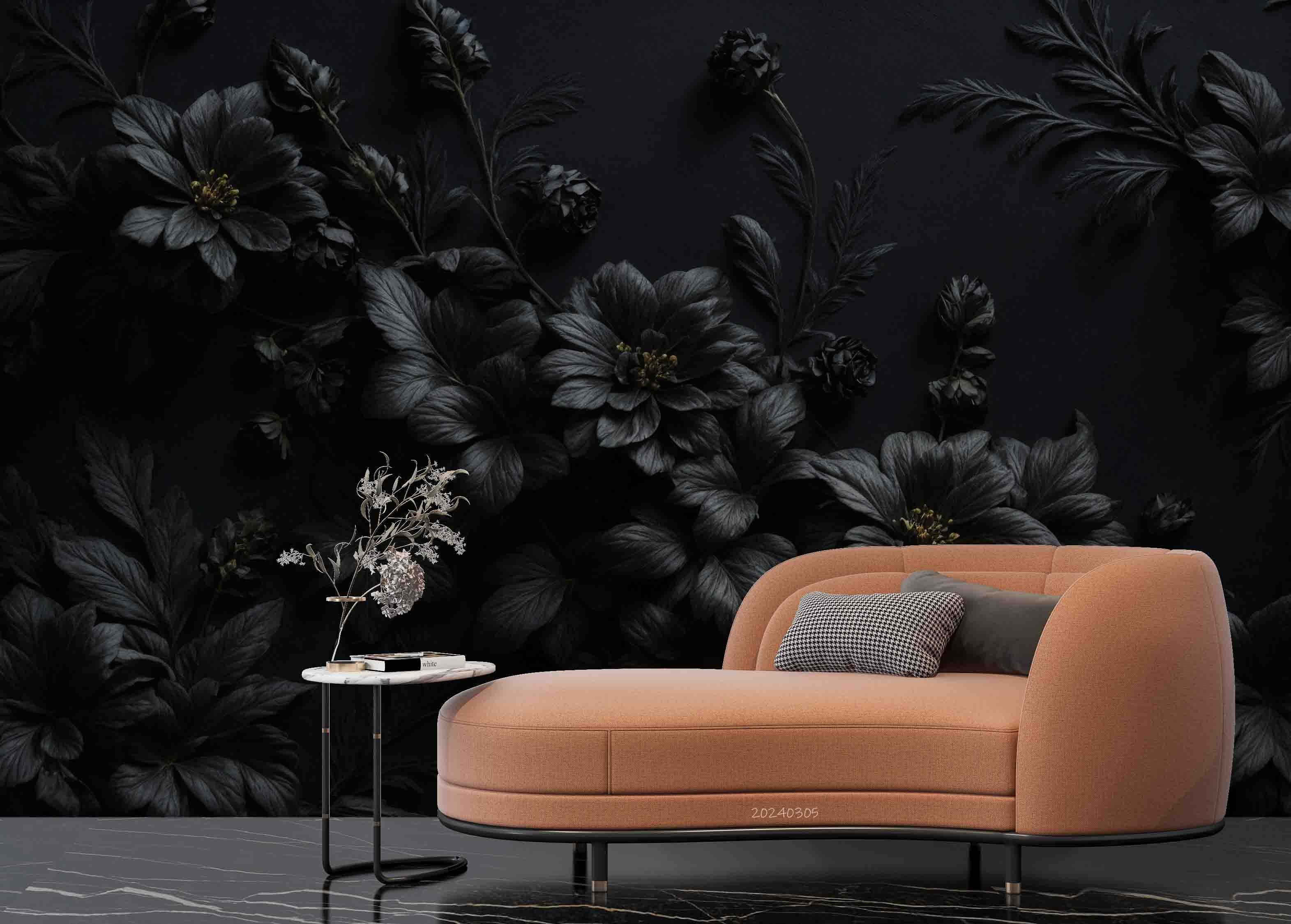 3D Black Floral Leaves Bouquet Dark Background Wallpaper Wall Mural Wall Decor Wall Art Wall Sticker Remoable Wallpaper