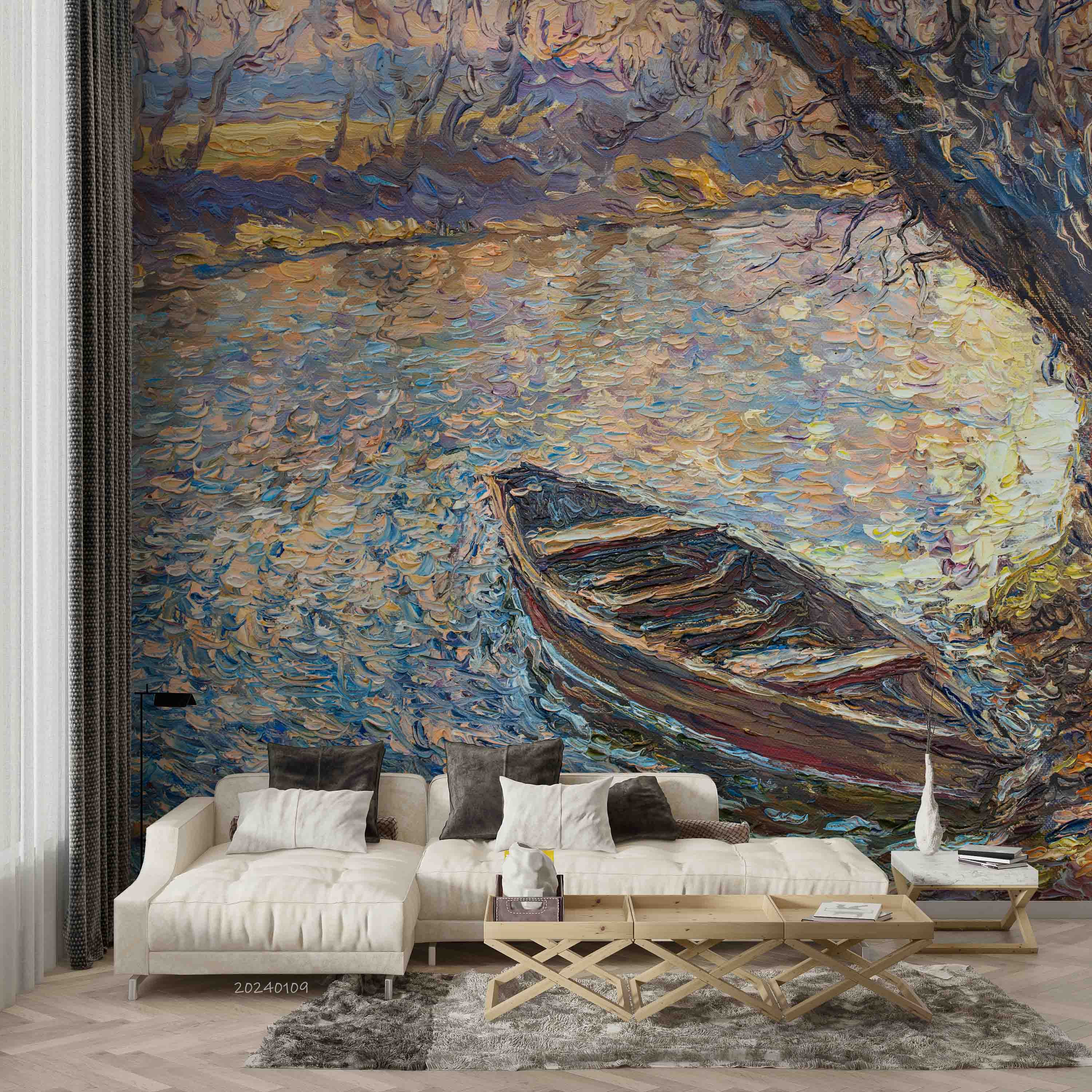 3D Oil Painting Floral Ship Sea Grassland Wall Mural Wallpaper YXL 118