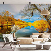 3D Yellow Forest Lake Trees Autumn Landscape Wall Mural Wallpaper JN 396