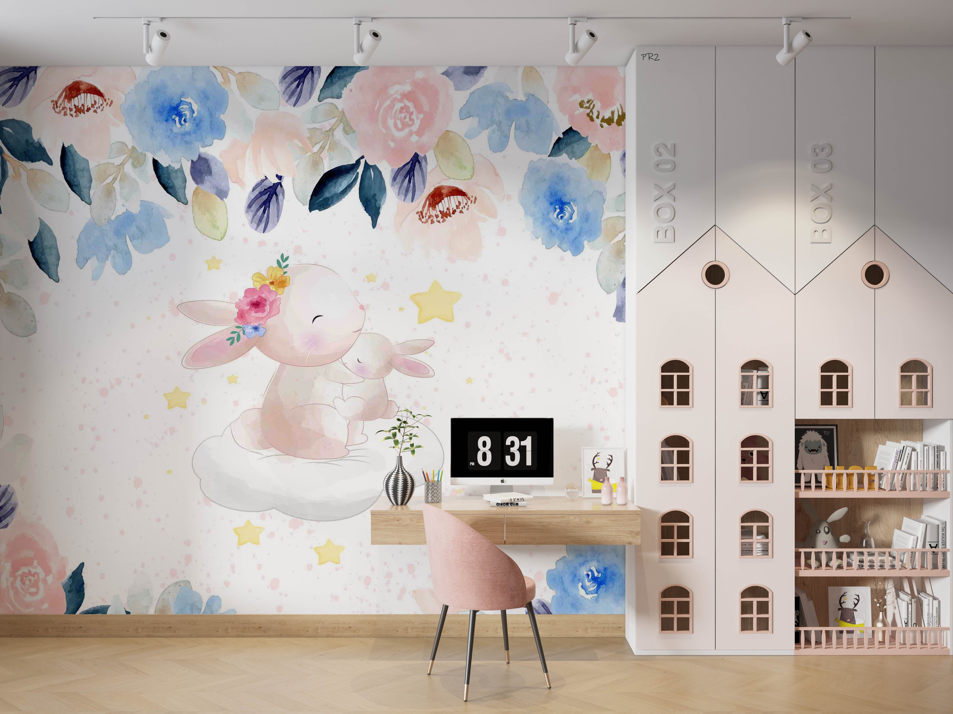 3D Cartoon Watercolor Animal Rabbit Floral Leaf Kids Wall Mural Wallpaper GD 3772- Jess Art Decoration