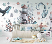 3D Animal Starfish Coral Whale Sea Tower Bubble Wall Mural Wallpaper YXL 20