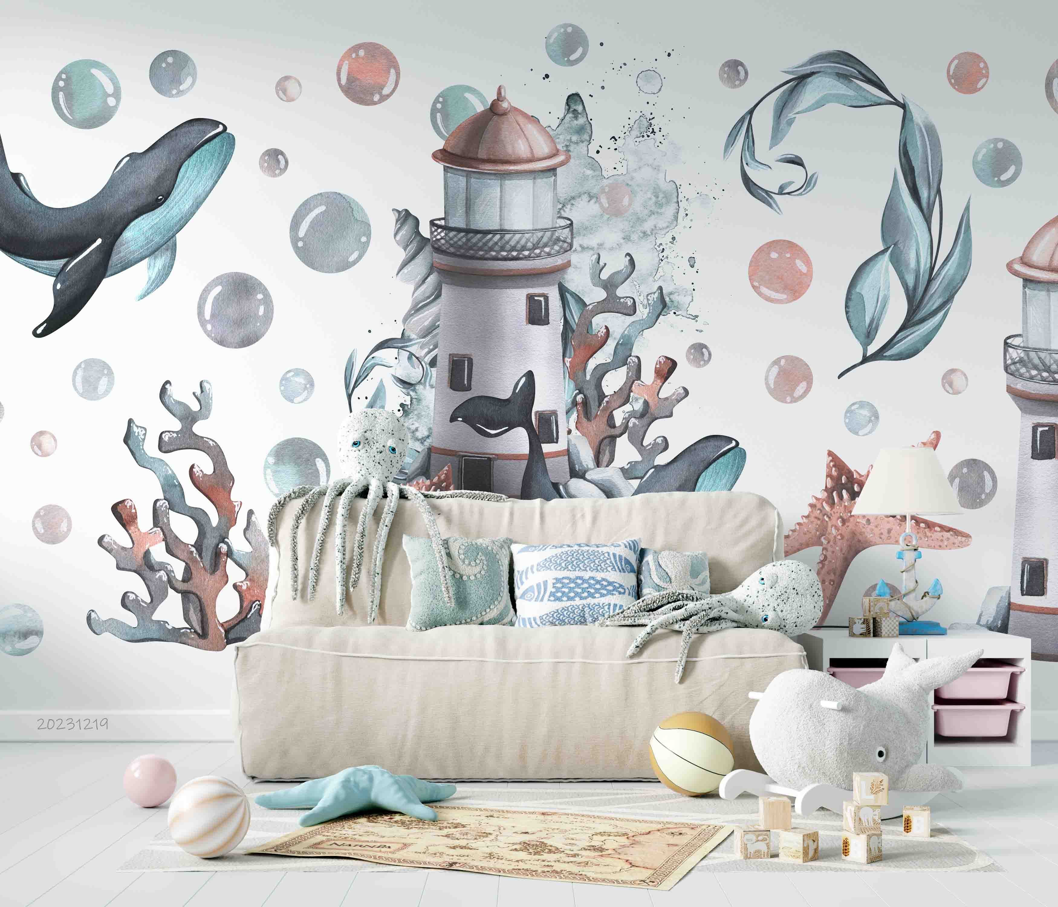 3D Animal Starfish Coral Whale Sea Tower Bubble Wall Mural Wallpaper YXL 20