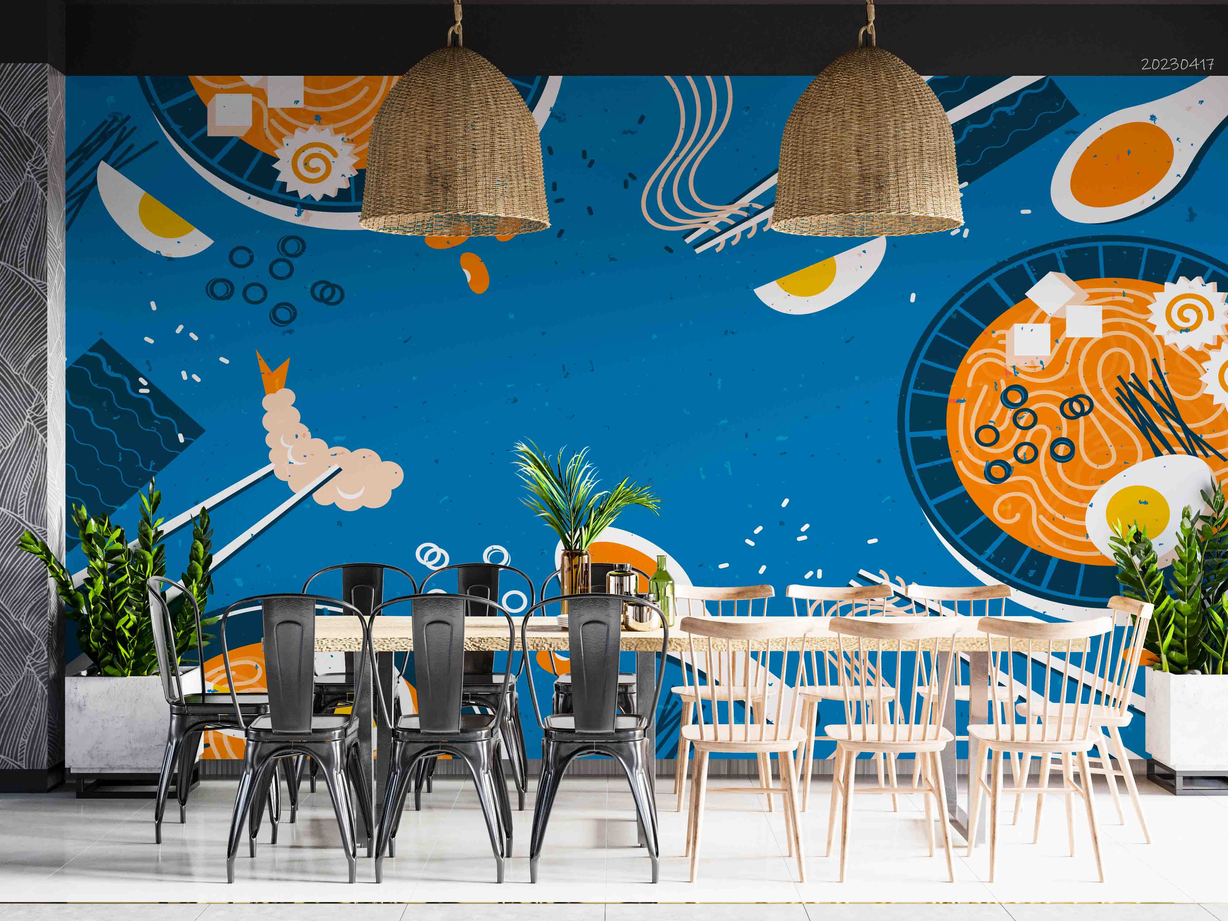 3D Ramen Soup Blue Background Wall Mural Wallpaper GD 5483- Jess Art Decoration