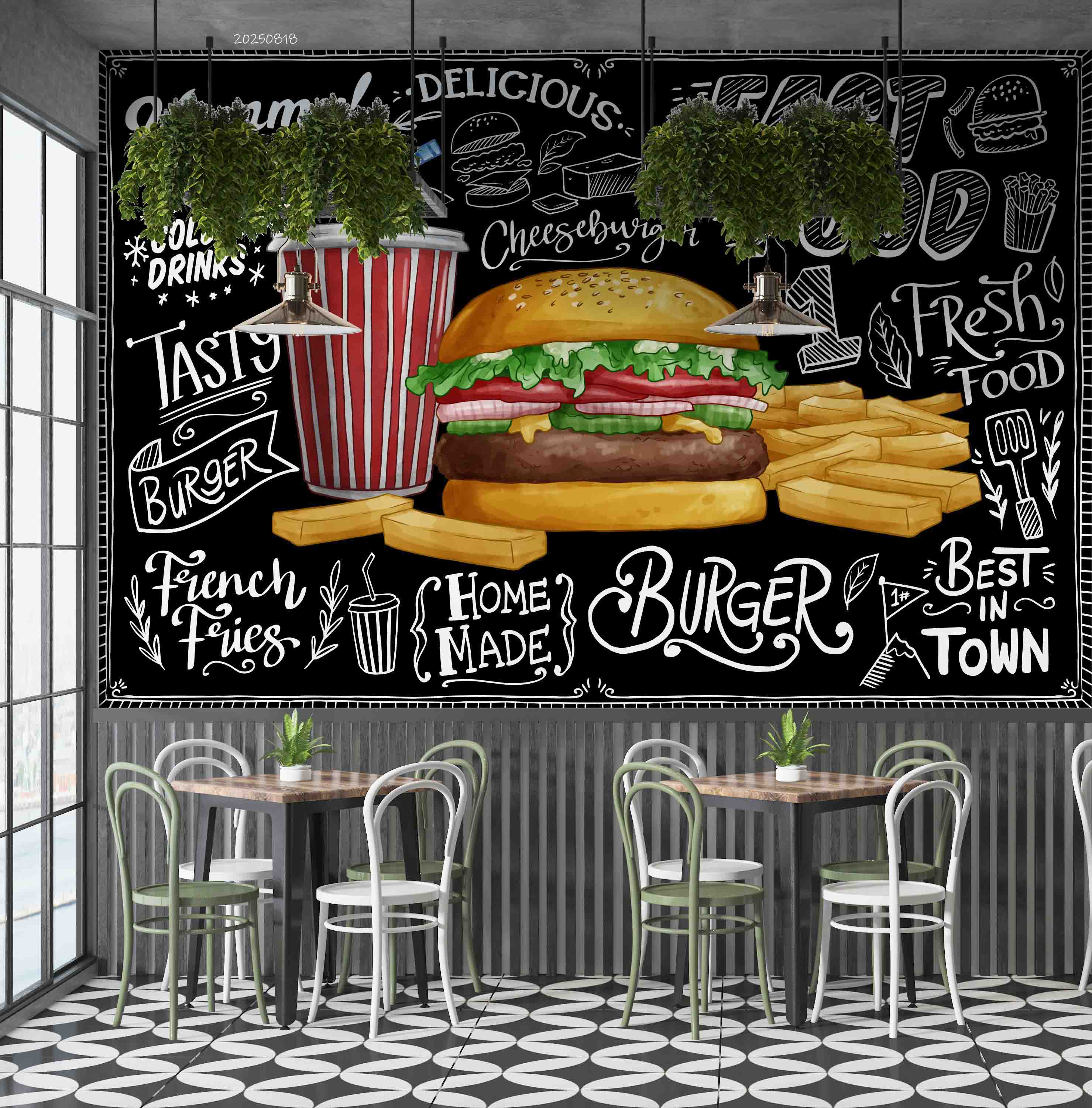 3D Restaurant Snack Bar Diner Fast Food Hamburger Chips Wall Mural Wallpaper 15