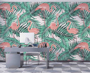 3D Green Tropical Jungle Palm Leaves Pink Exotic Flamingo Wall Mural Wallpaper GD 5157- Jess Art Decoration