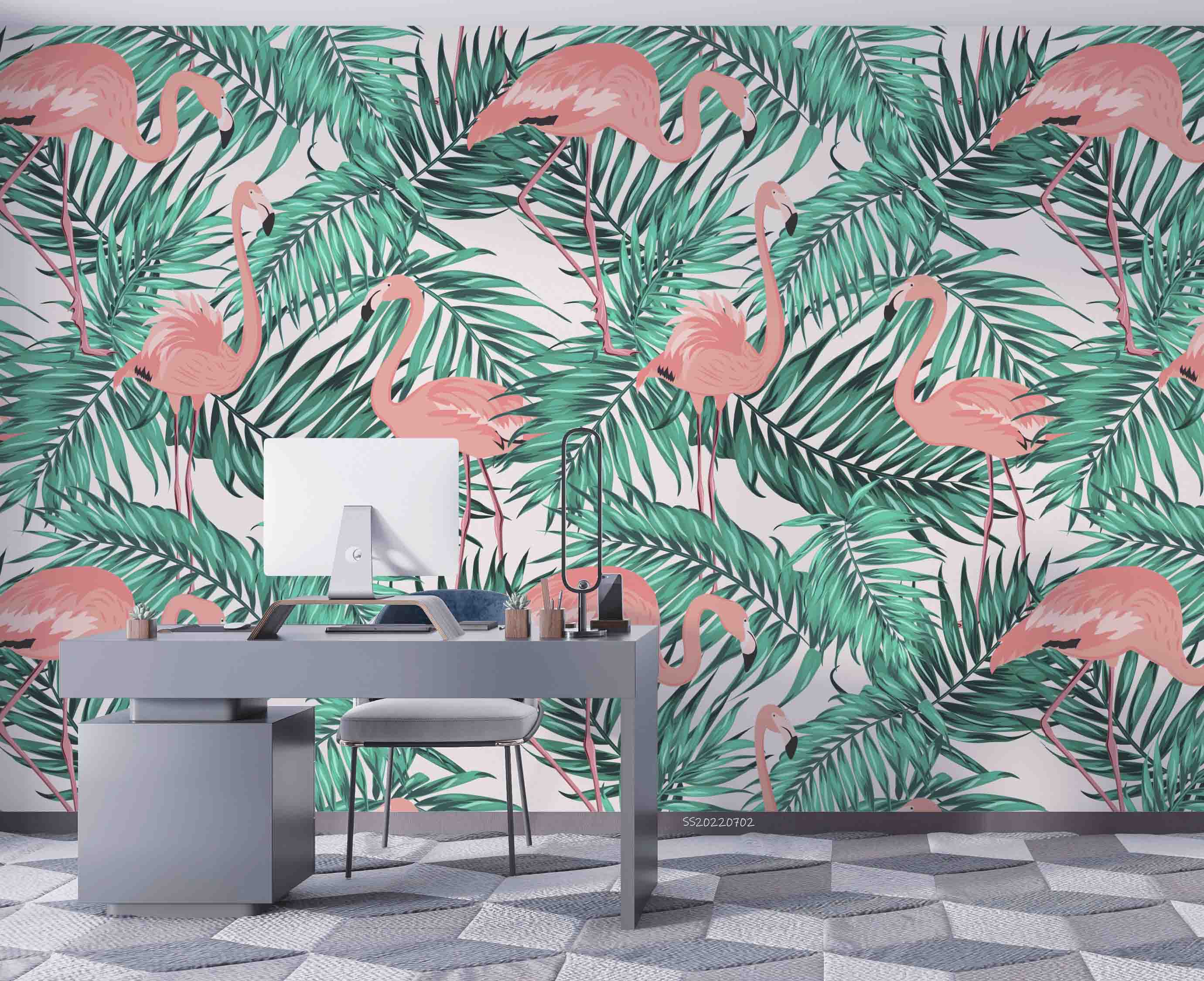 3D Green Tropical Jungle Palm Leaves Pink Exotic Flamingo Wall Mural Wallpaper GD 5157- Jess Art Decoration