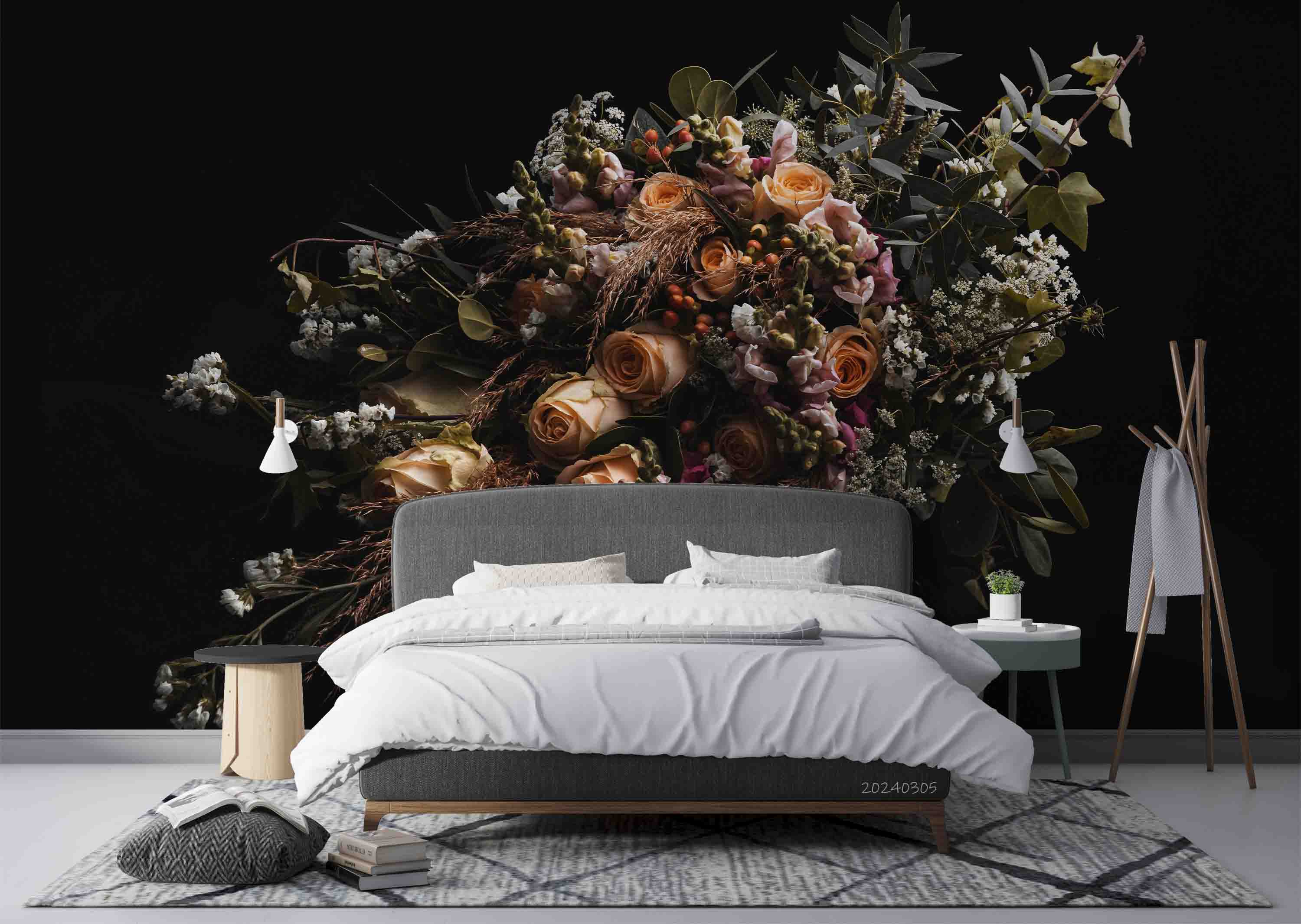 3D Floral Bouquet Dark Background Wallpaper Wall Mural Wall Decor Wall Art Wall Sticker Remoable Wallpaper