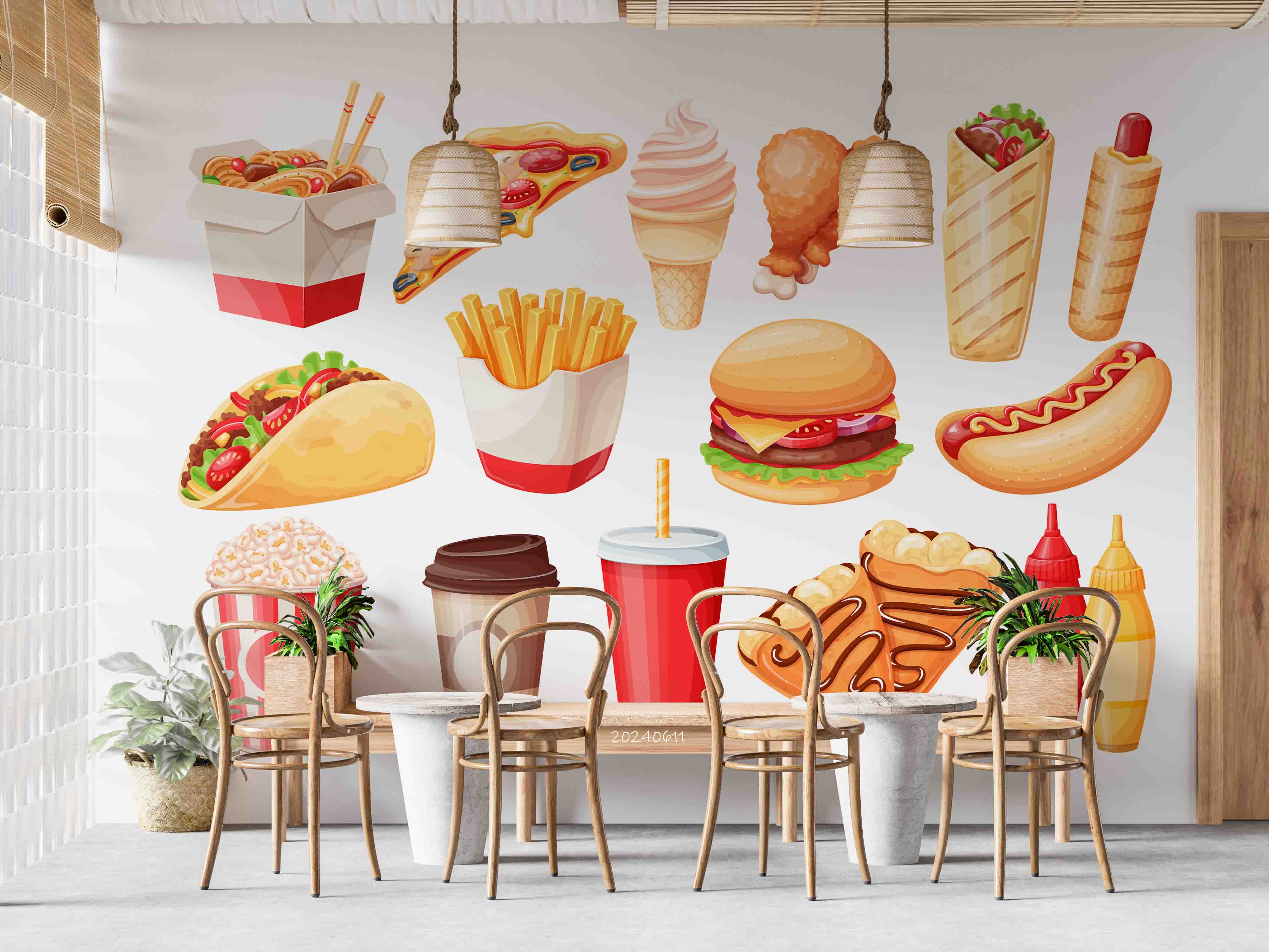 3D Hamburger Chips Ice Cream Pizza Chicken Leg Wall Mural Wallpaper YXL 269