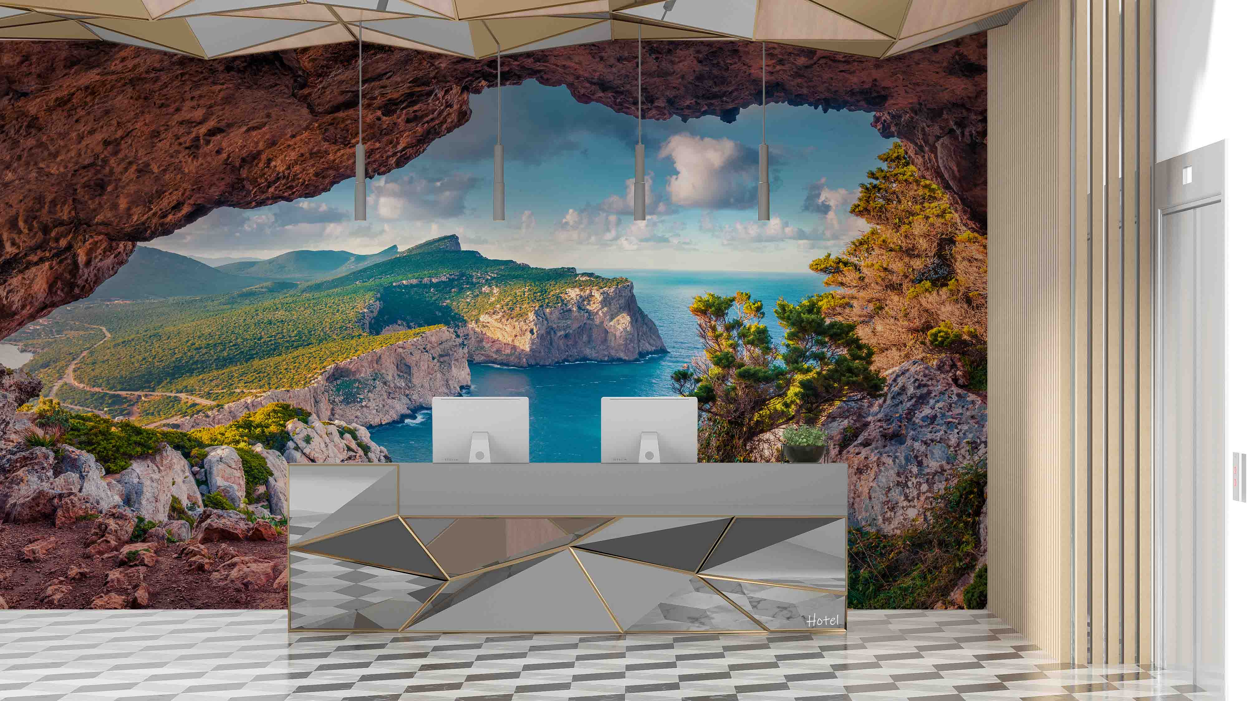 3D Hotel Inn Motel Hostel Resort Manor Scenery Cave Sea Wall Mural Wallpaper 14