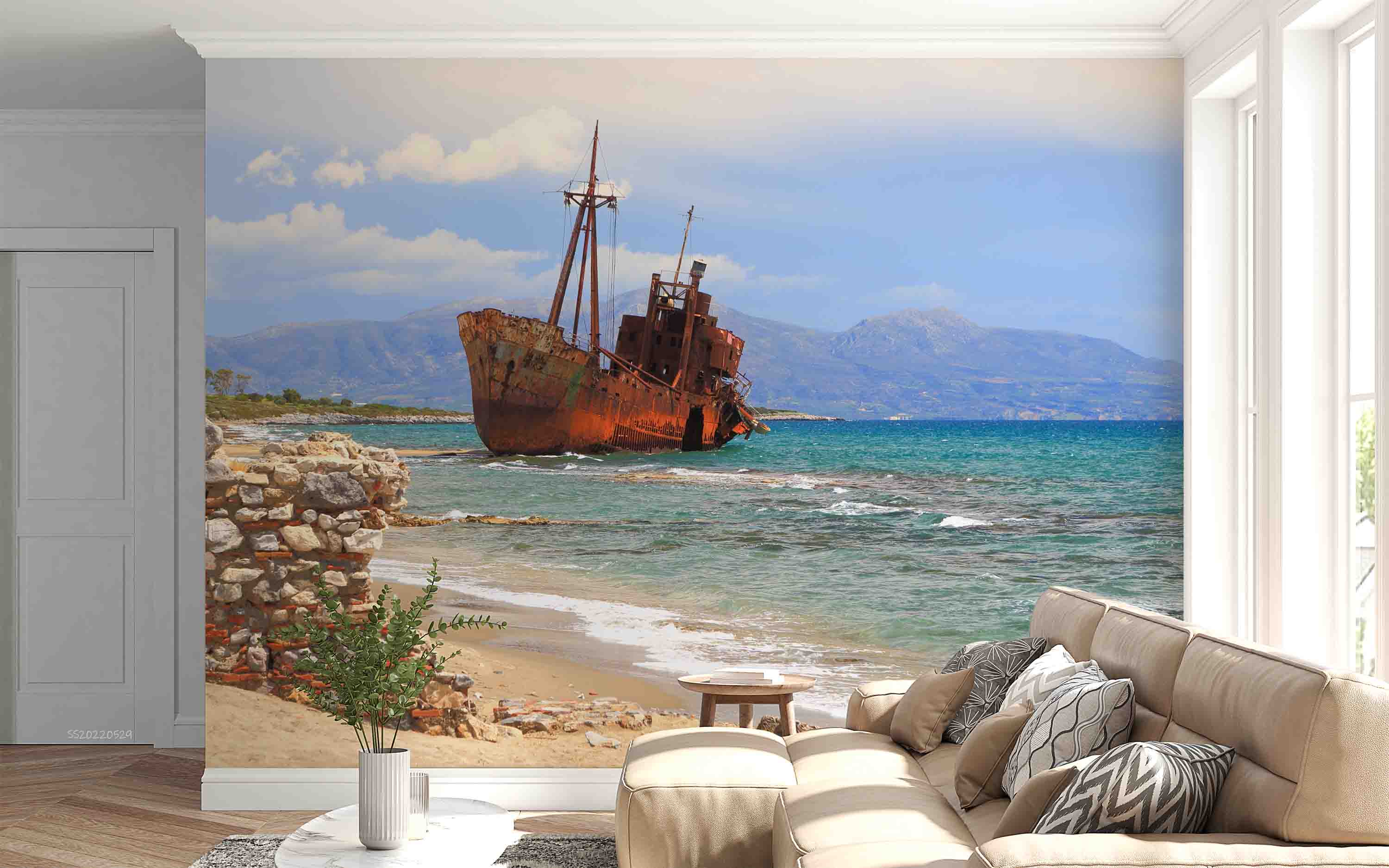3D Selinitsa Beach Rusty Shipwreck Yungisio Greece Wall Mural Wallpaper GD 4328- Jess Art Decoration