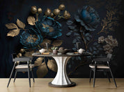 3D Blue Floral Gold Leaves Dark Background Wallpaper Wall Mural Wall Decor Wall Art Wall Sticker Remoable Wallpaper