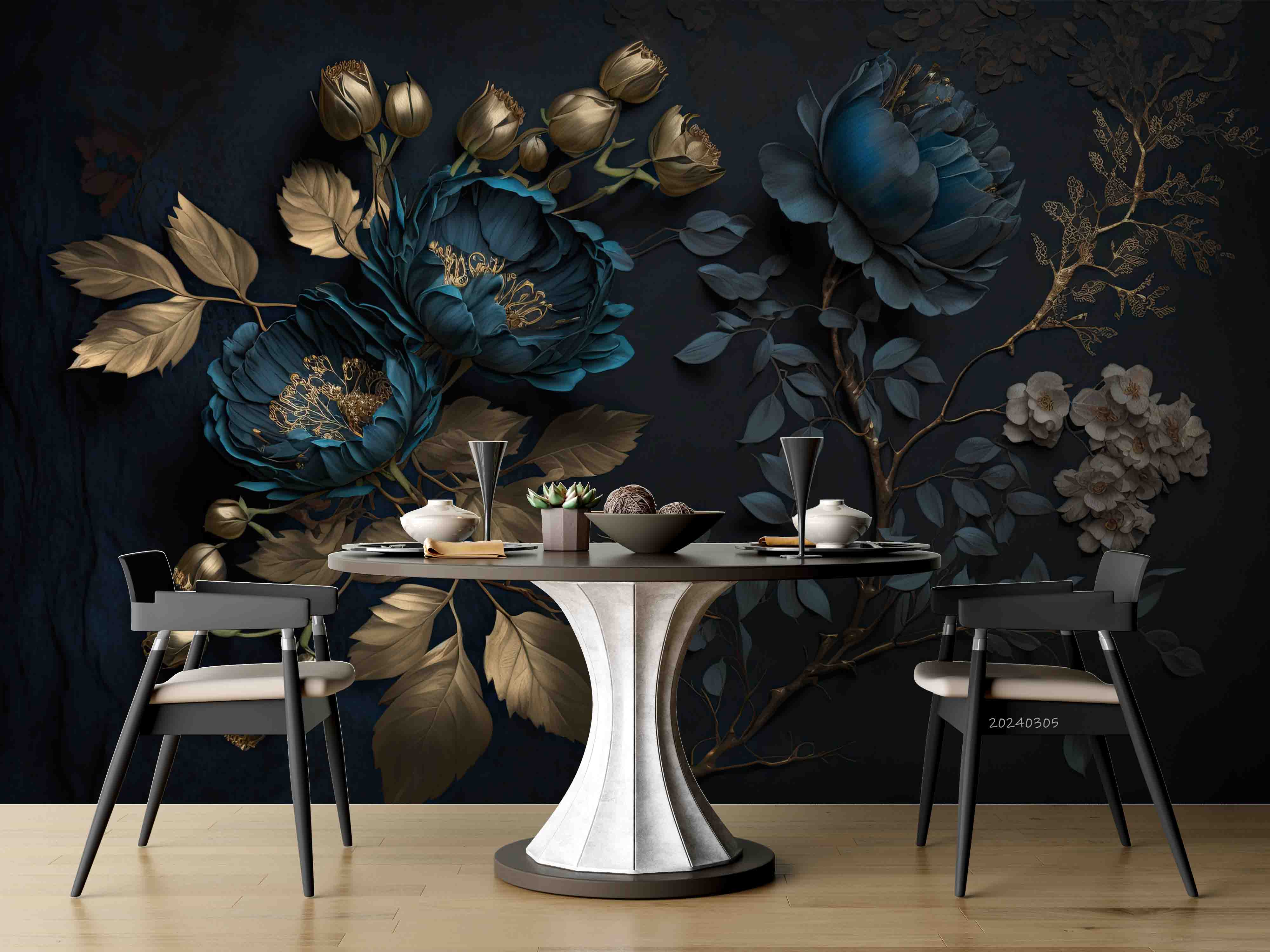 3D Blue Floral Gold Leaves Dark Background Wallpaper Wall Mural Wall Decor Wall Art Wall Sticker Remoable Wallpaper
