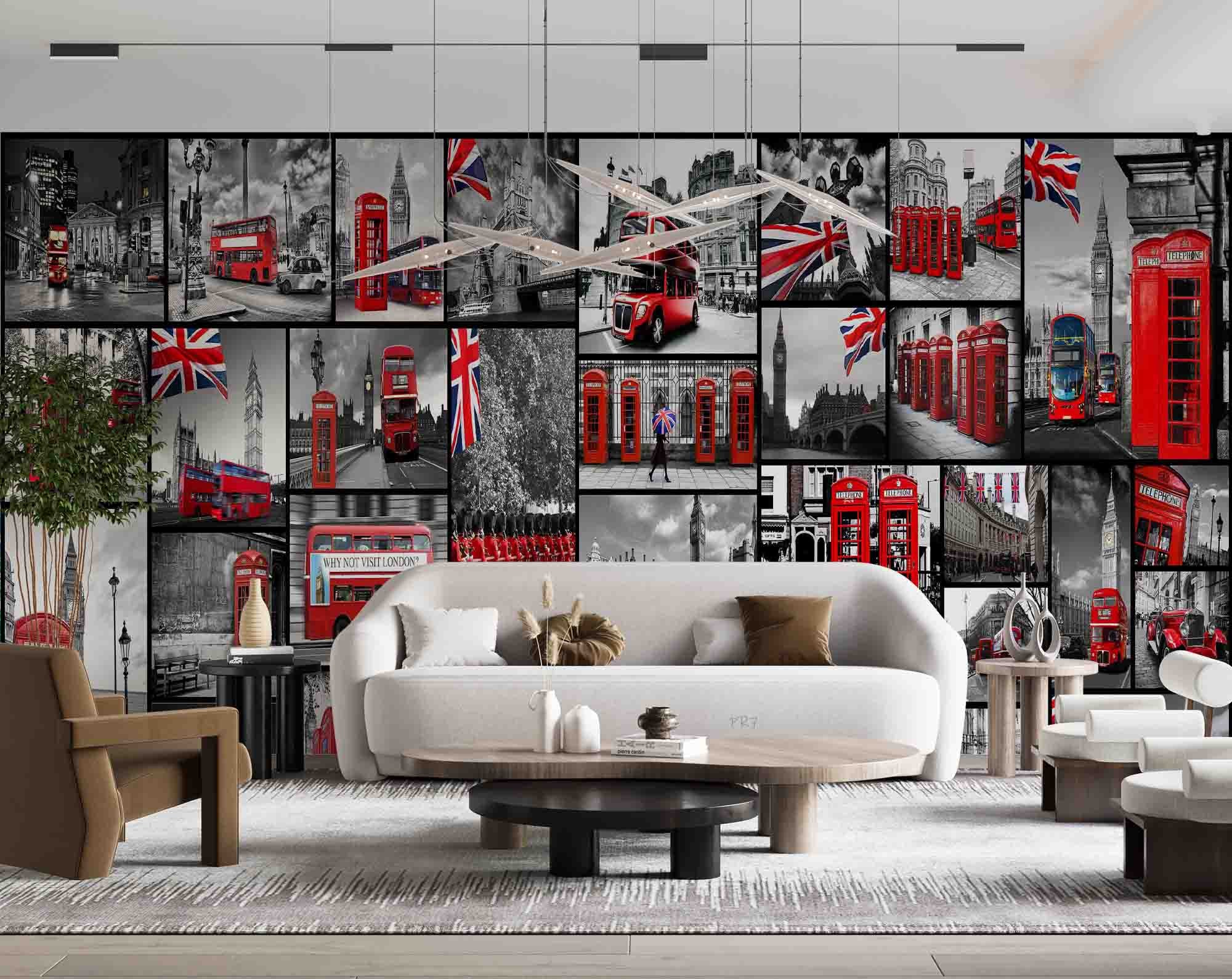 UK Street Red Telephone Booth Bus Guard Wallpaper urban graffiti wall mural for teen room, studio or feature wall - view 3