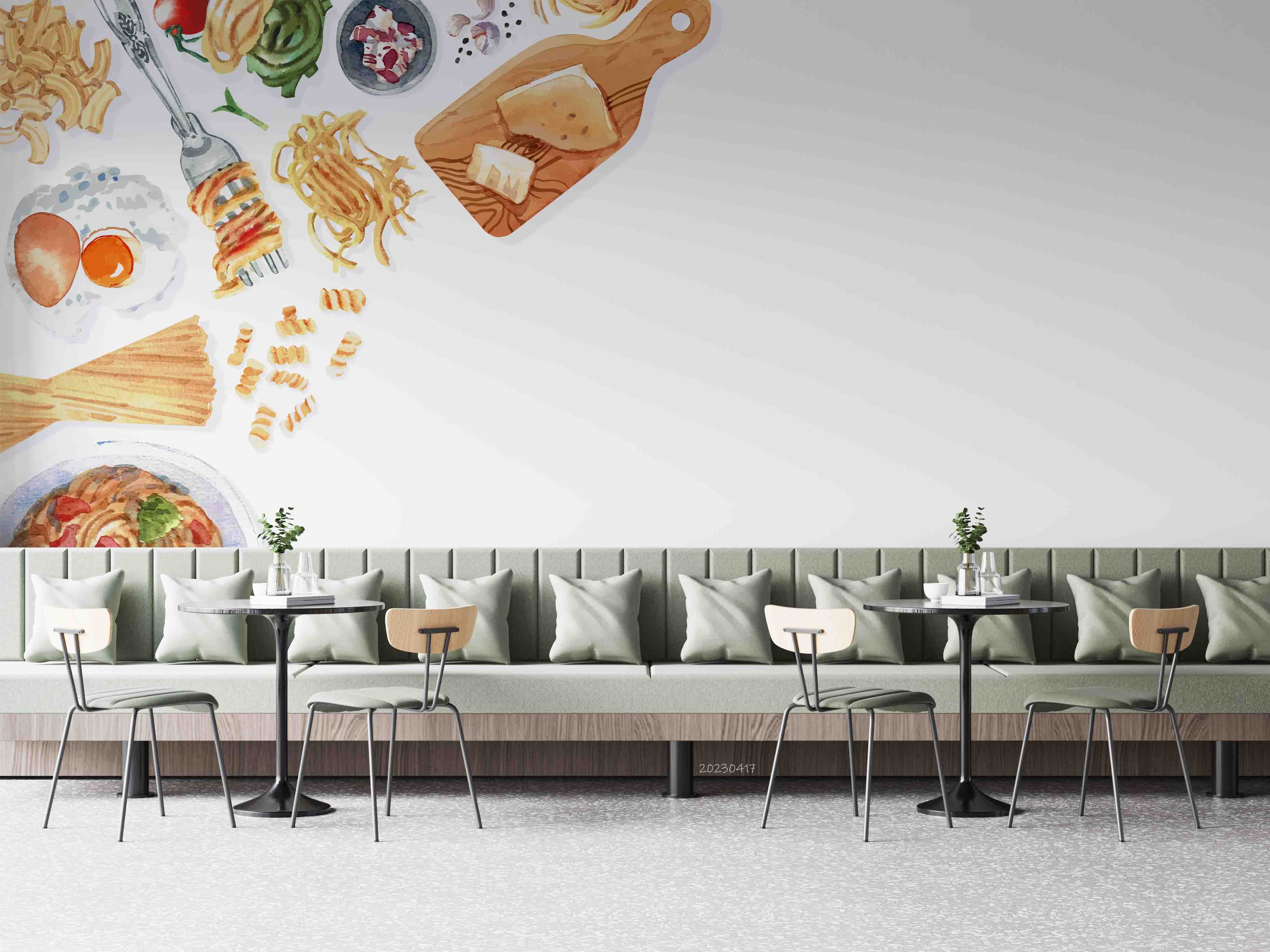 3D Pasta Design Fork Macaroni Pasta Watercolor Illustration Wall Mural Wallpaper GD 5485- Jess Art Decoration