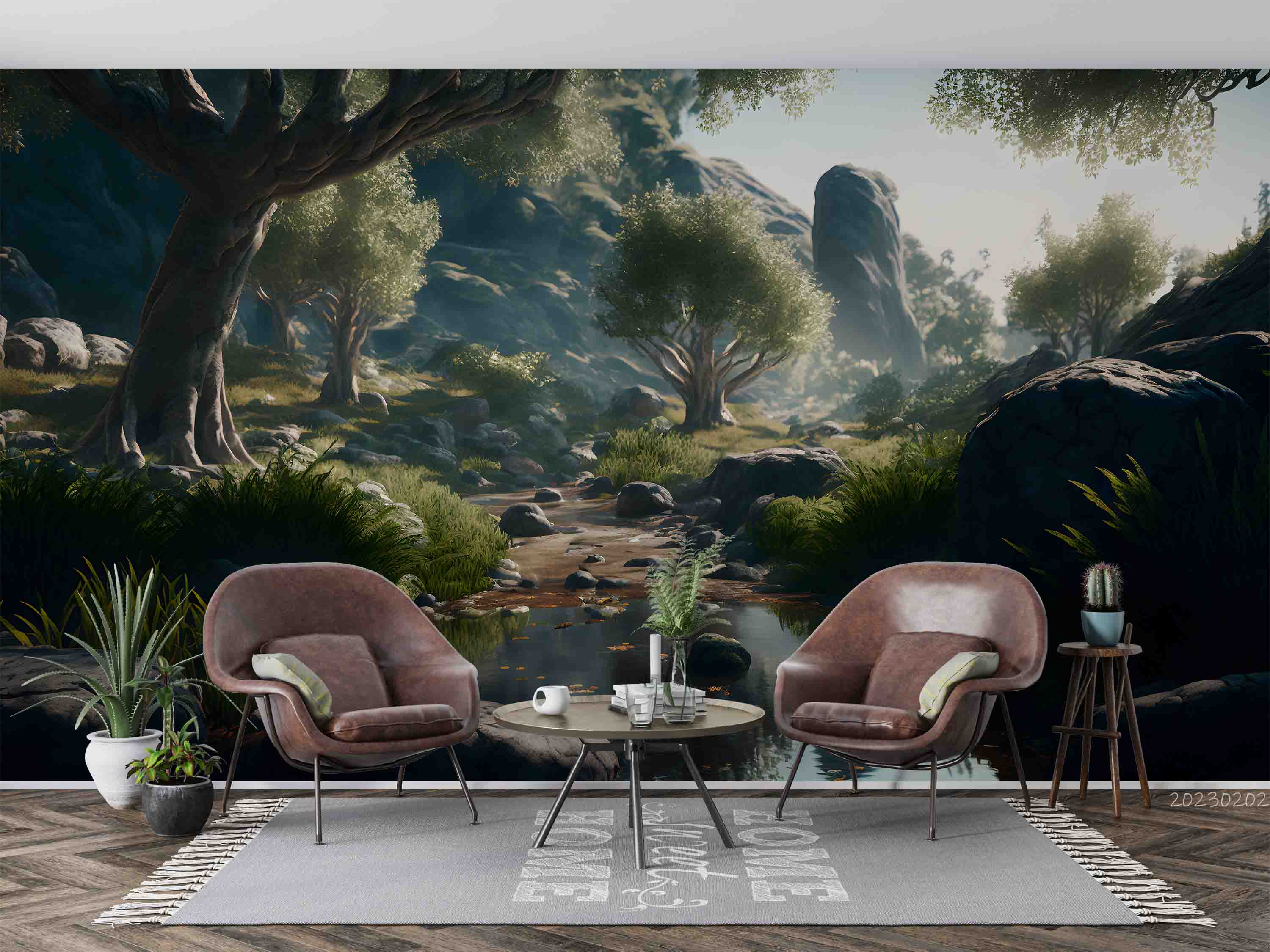 3D Scenery Tree Mountain River Stone Wall Mural Wallpaper YXL 03- Jess Art Decoration