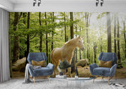 3D Forest Green Trees Sunlight White Unicorn Wall Mural Wallpaper GD 5326- Jess Art Decoration