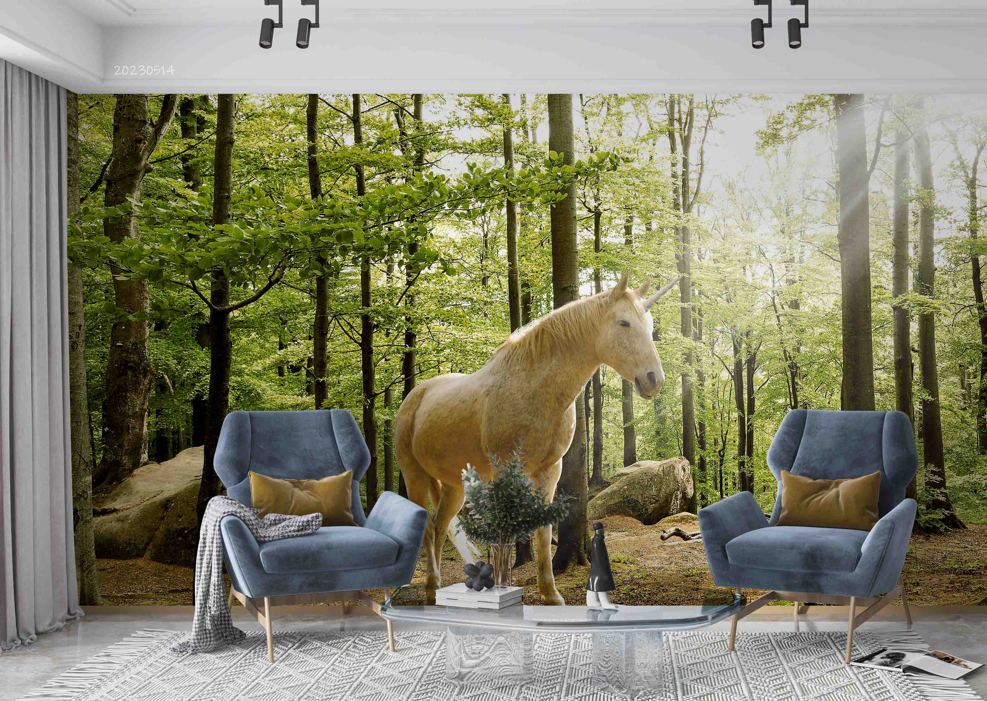 3D Forest Green Trees Sunlight White Unicorn Wall Mural Wallpaper GD 5326- Jess Art Decoration