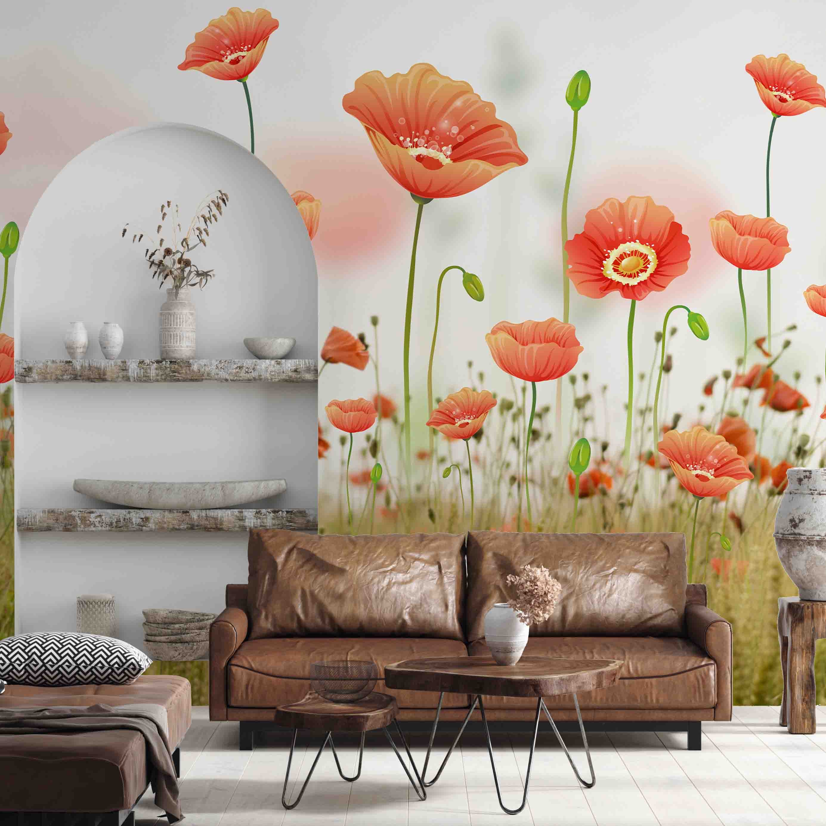 3D Yellow Poppy Meadow bright poppy flower field wall mural wallpaper for bedroom - view 4