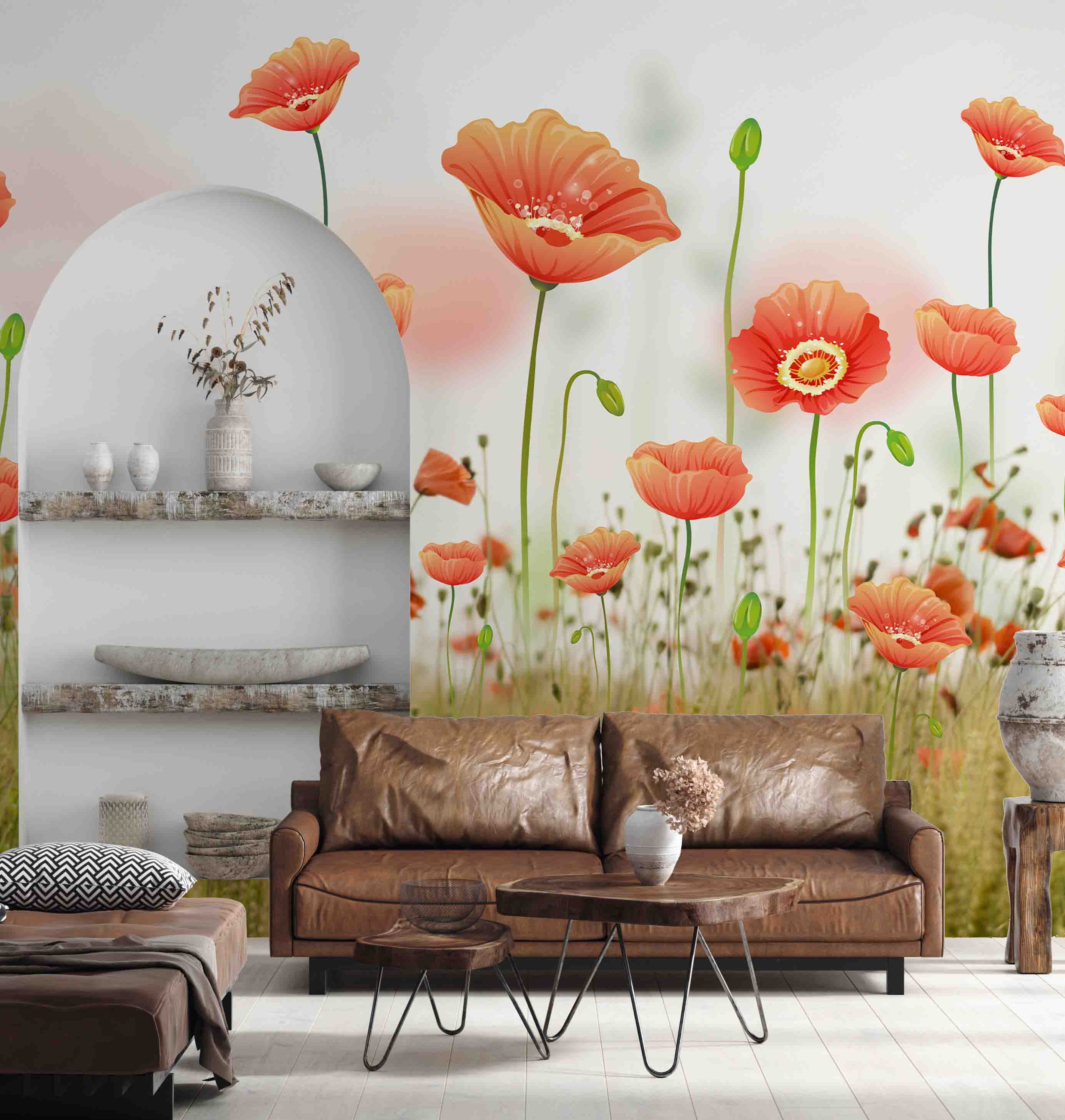 3D Yellow Poppy Meadow bright poppy flower field wall mural wallpaper for bedroom - view 4