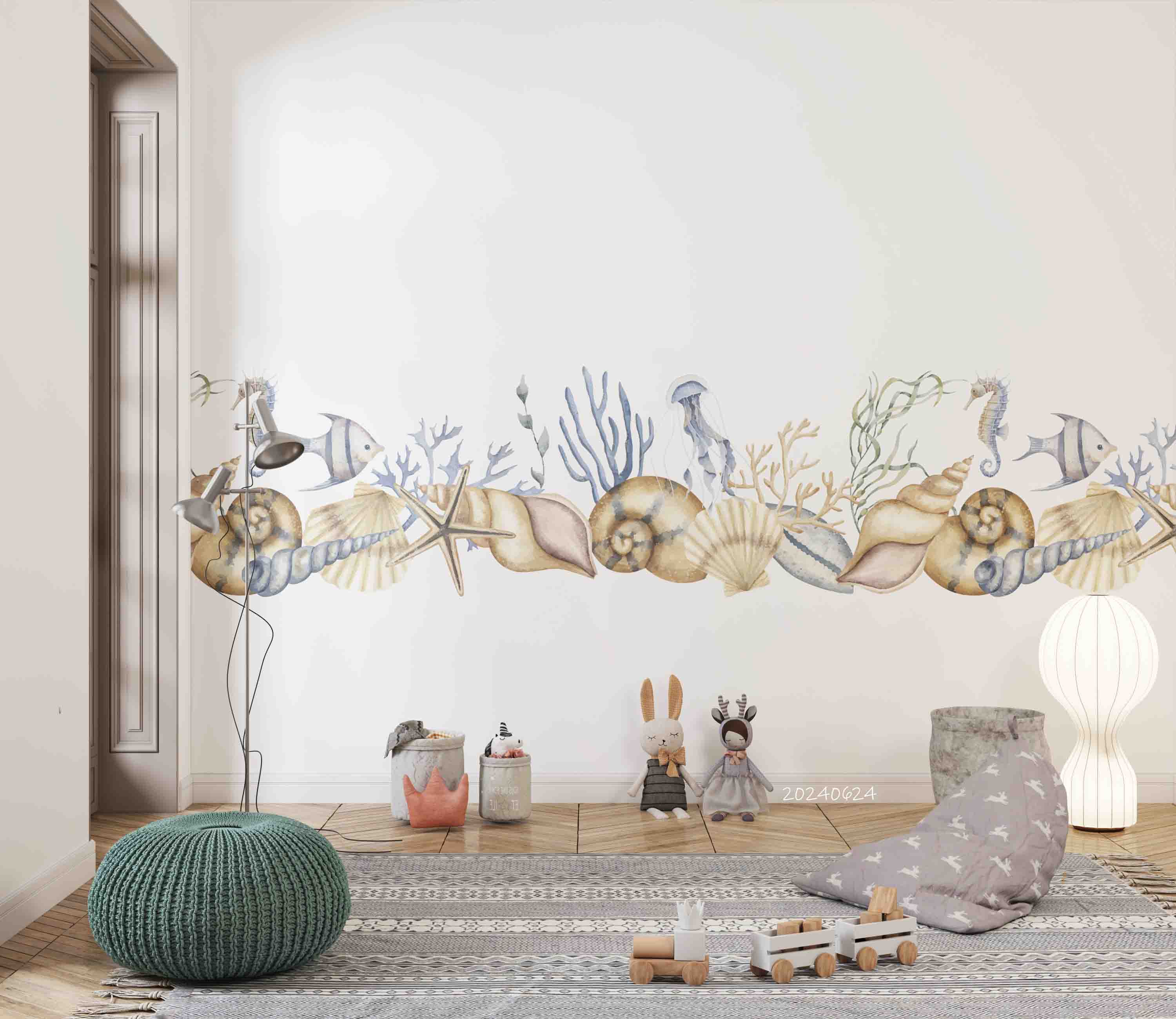 3D Conch Starfish Jellyfish Sea Horse Coral Wall Mural Wallpaper YXL 665