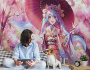 3D Cartoon Tree Umbrella Person Sky Cloud Wall Mural Wallpaper YXL 2636