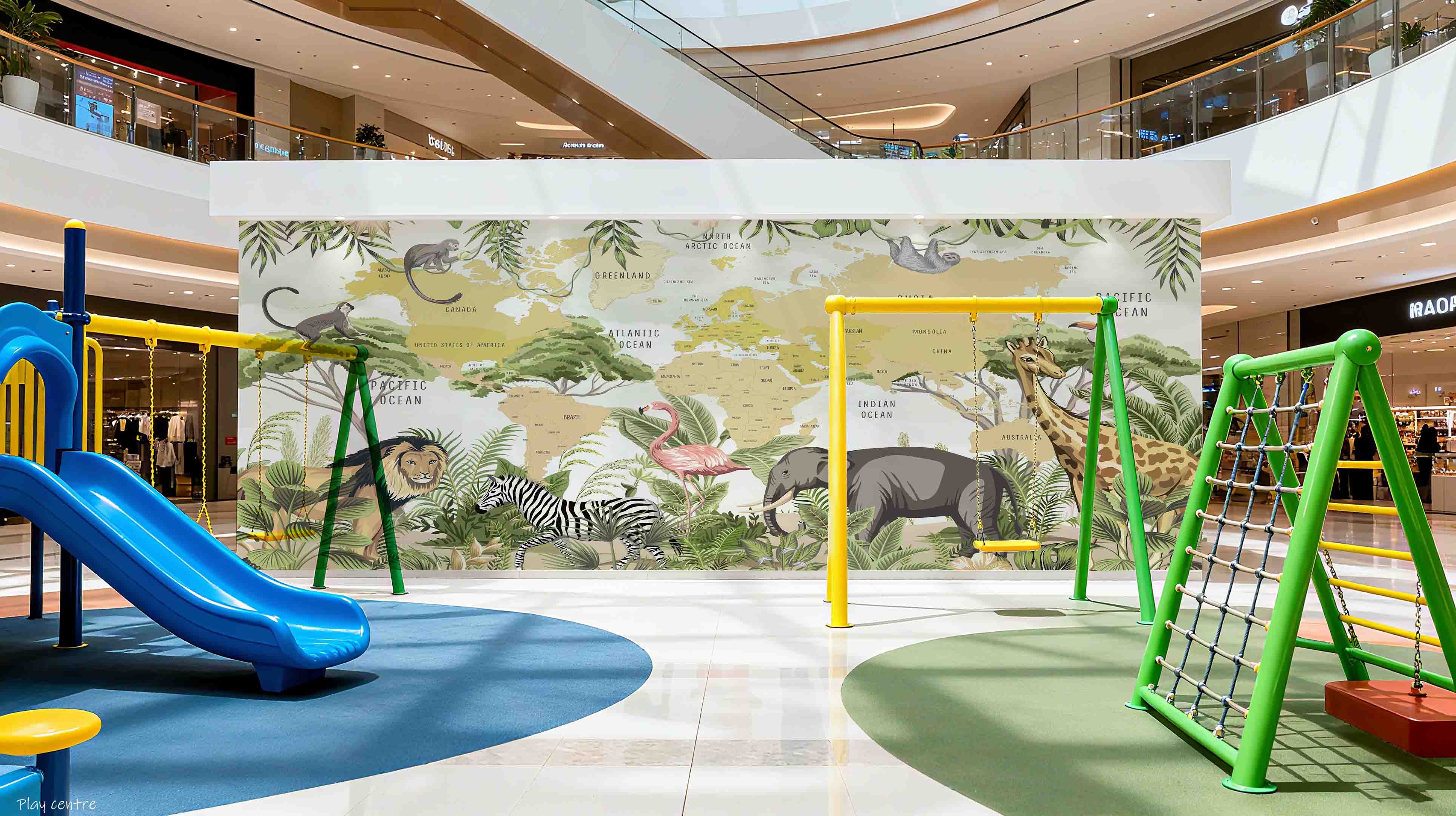 3D Play Centre Amusement Park Funfair Carnie World Map Animals Wall Mural Wallpaper 3