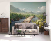 3D Landscape Forest Pond Wooden Bridge Mountains Sky Clouds Wall Mural Wallpaper GD 3071- Jess Art Decoration