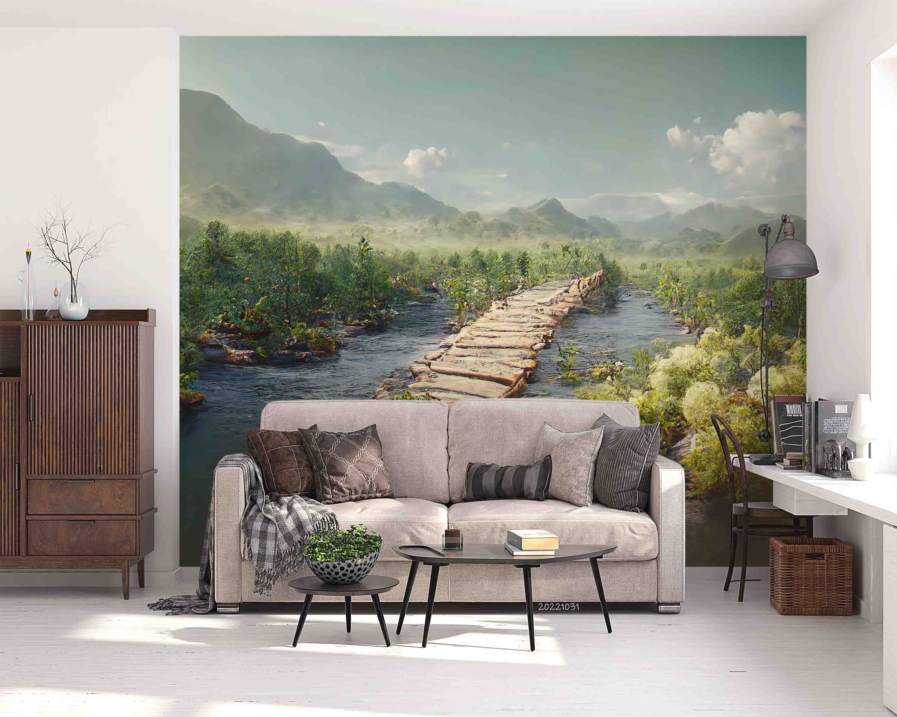 3D Landscape Forest Pond Wooden Bridge Mountains Sky Clouds Wall Mural Wallpaper GD 3071- Jess Art Decoration