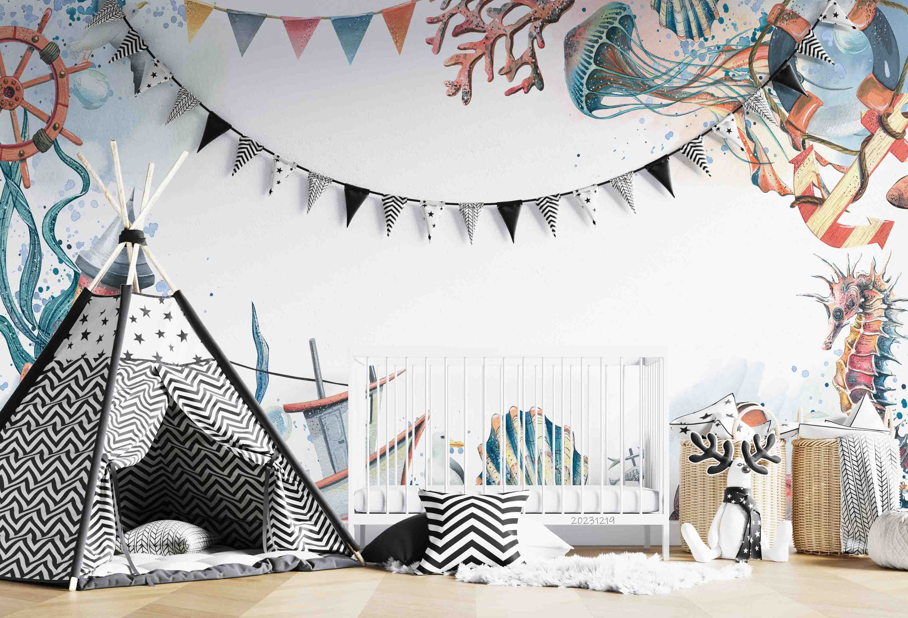 3D Animal Starfish Coral Sea Horse Octopus Sailing Tower Wall Mural Wallpaper YXL 19