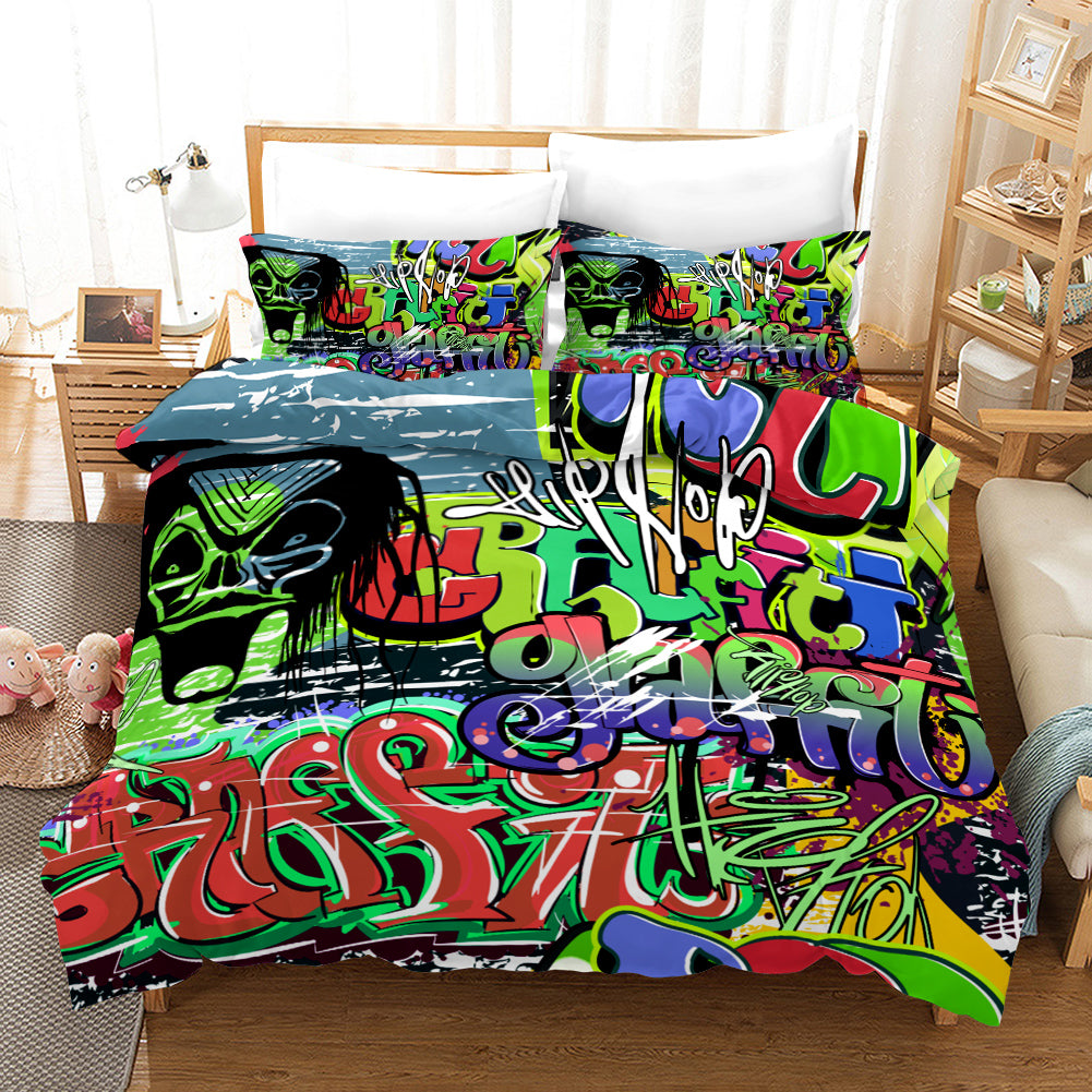 3D Street Graffiti Green Skull Quilt Cover Set Bedding Set Pillowcases 333- Jess Art Decoration