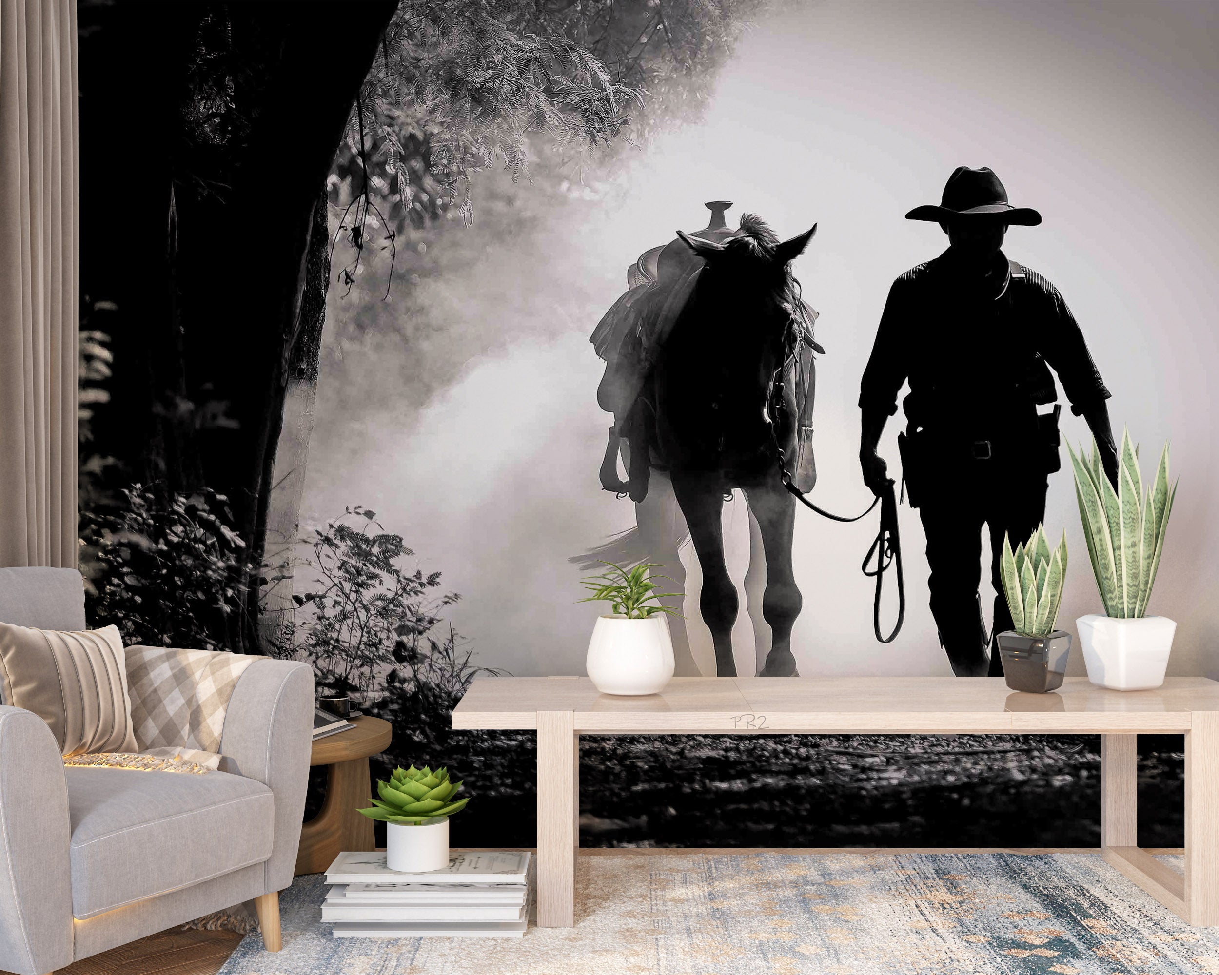 Early Morning Misty Horse Cowboy Sports Wallpaper sports & entertainment wall mural for games room or entertainment space