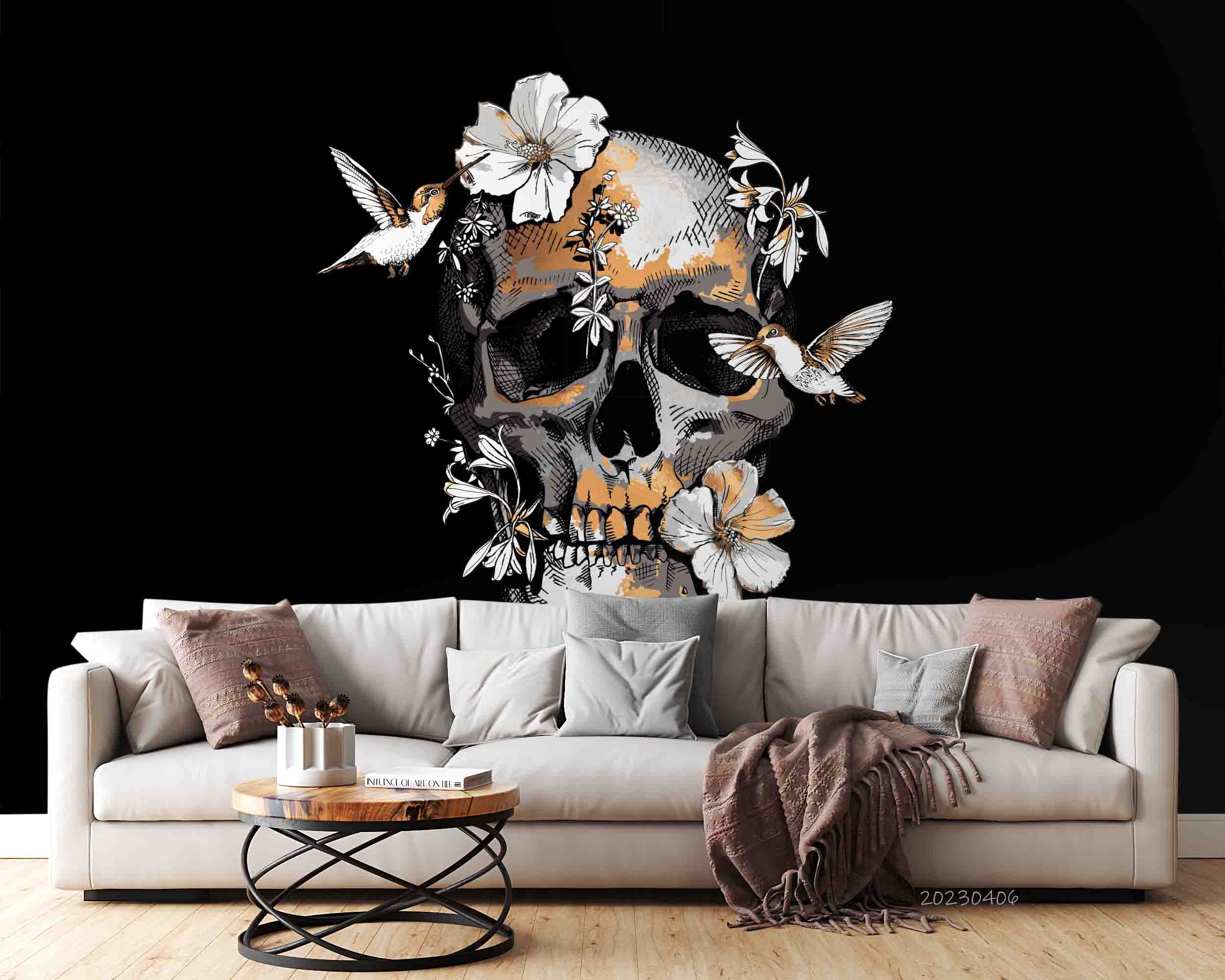 3D Human Skull Exotic Tropical Hibiscus Hummingbird Wall Mural Wallpaper GD 5632- Jess Art Decoration