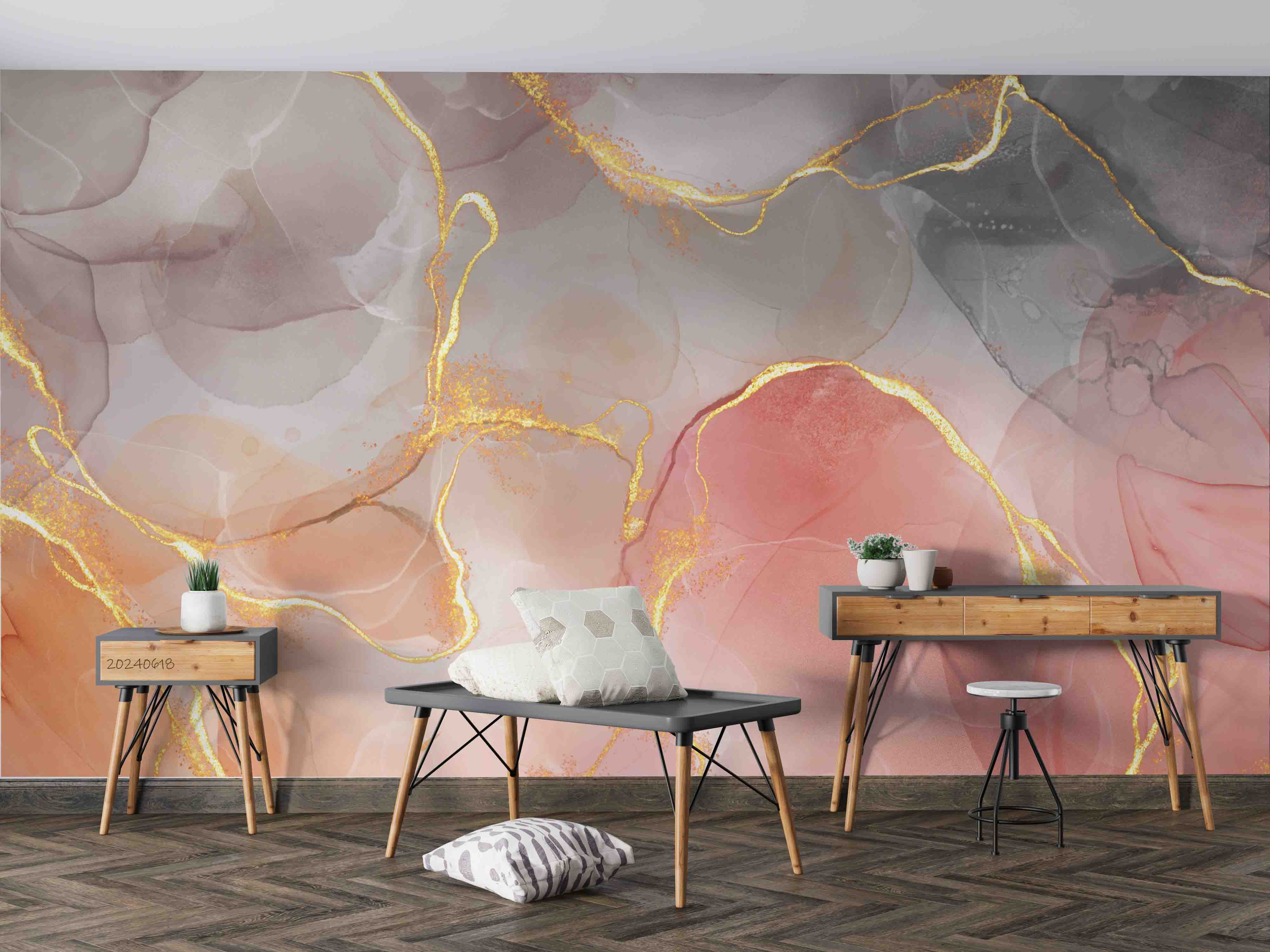 3D Abstract Damaskeen Gold Dust Ellipse Wall Mural Wallpaper YXL 626