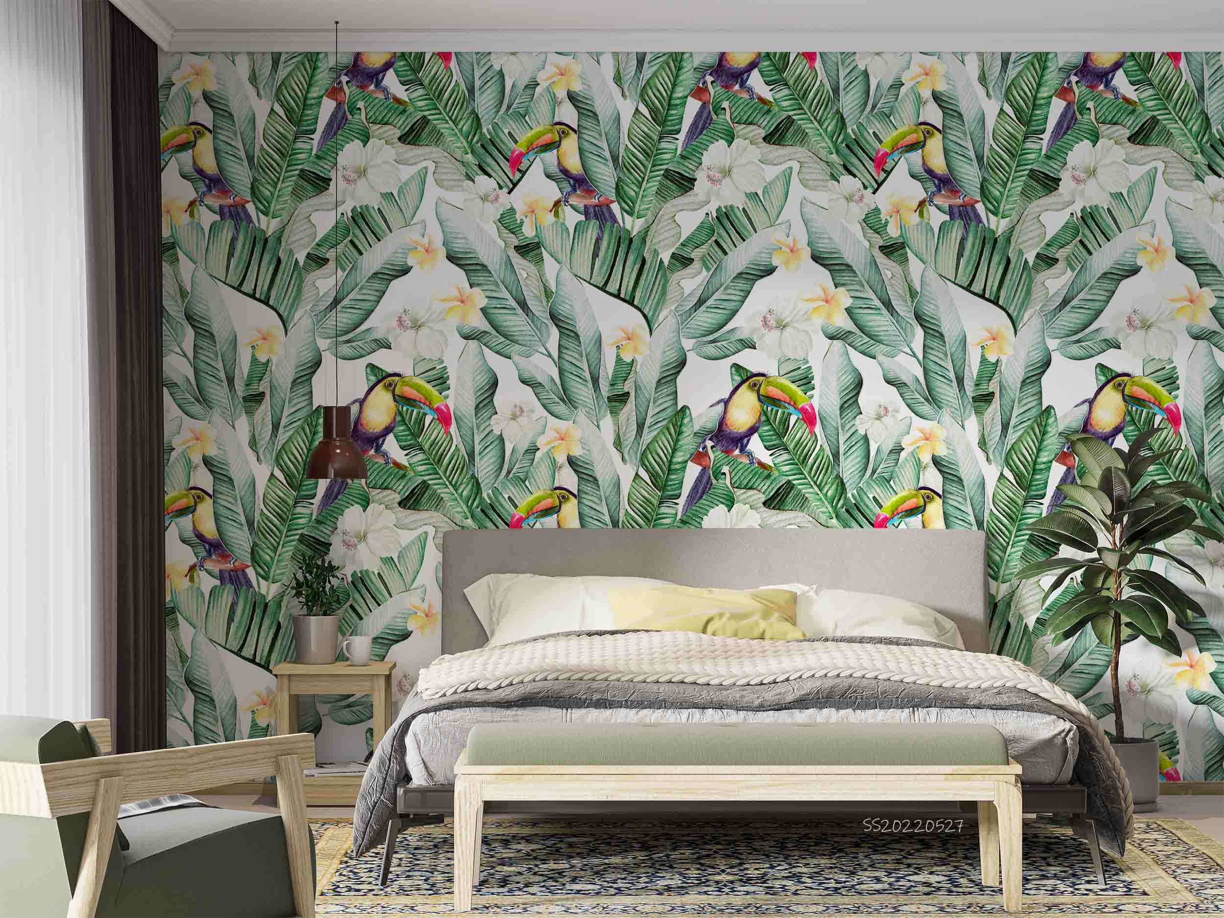3D Watercolor Tropical Banana Leaf Toucan Hibiscus Floral Wall Mural Wallpaper GD 4219- Jess Art Decoration