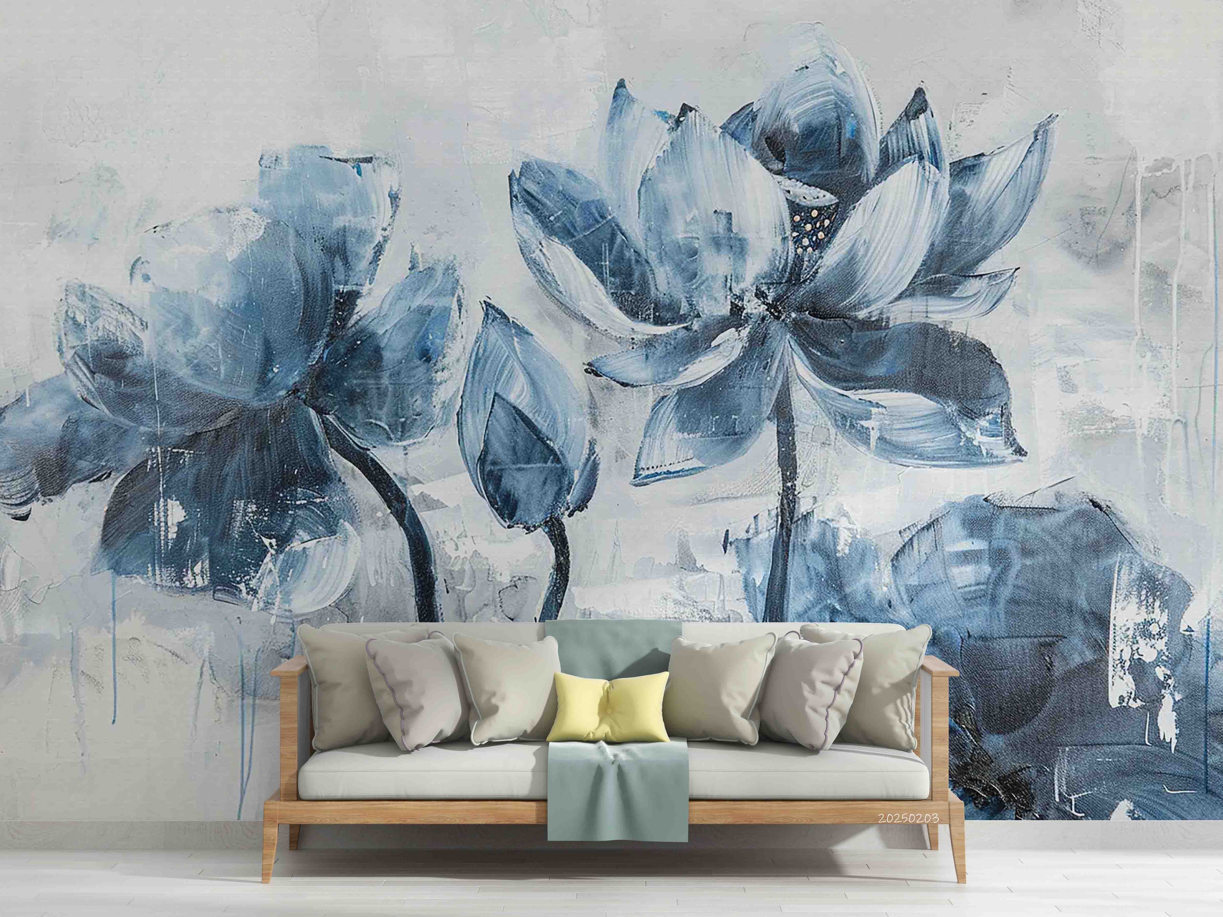 3D Blue Lotus Flower Oil Painting Wallpaper Wall Mural Wall Decor Wall Art Wall Sticker Remoable Wallpaper LQH