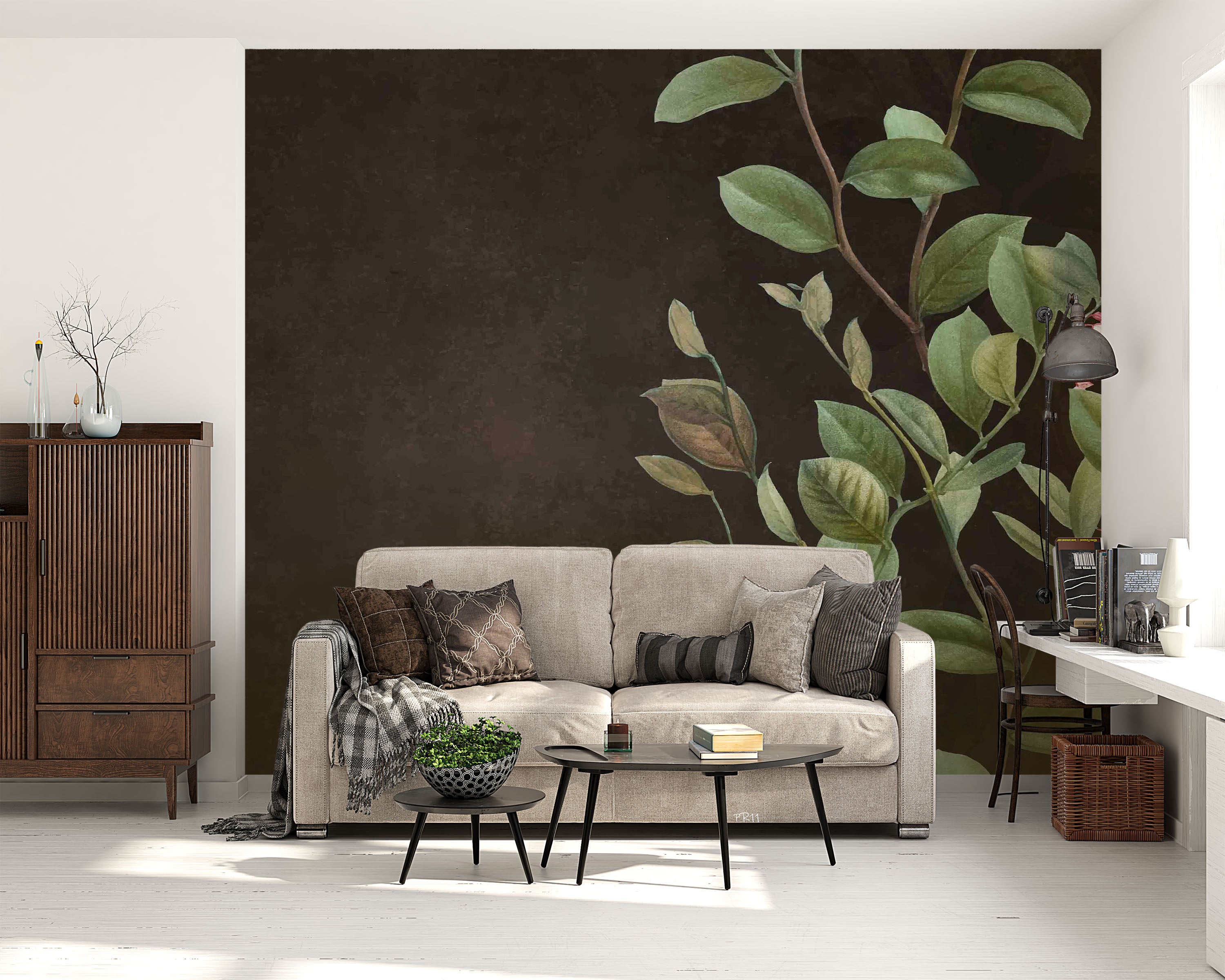 3D Green Leaves Black Background Wall Mural Wallpaper GD 4868- Jess Art Decoration