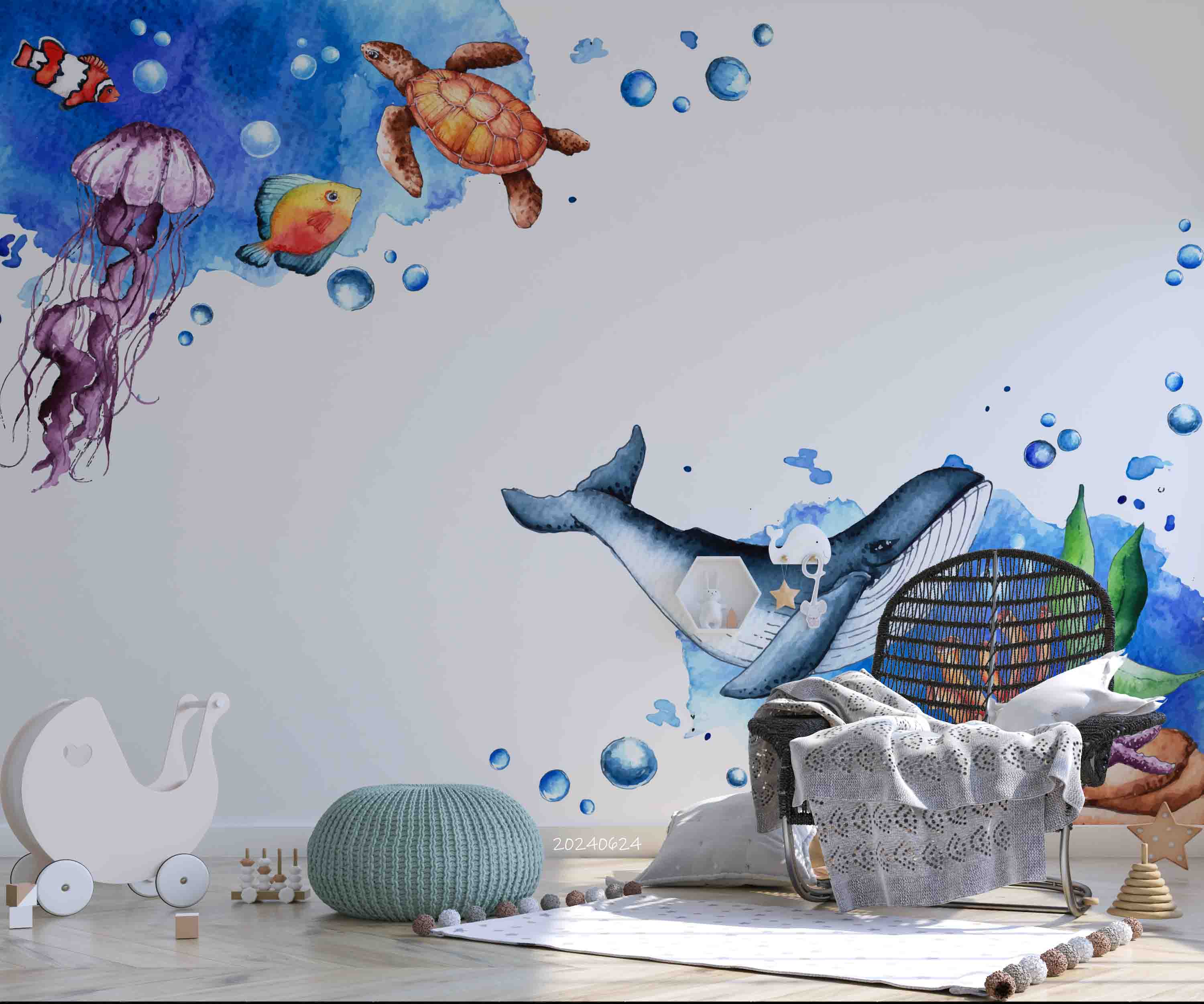 3D Sea Sea Turtle Whale Fish Jellyfish Wall Mural Wallpaper YXL 677