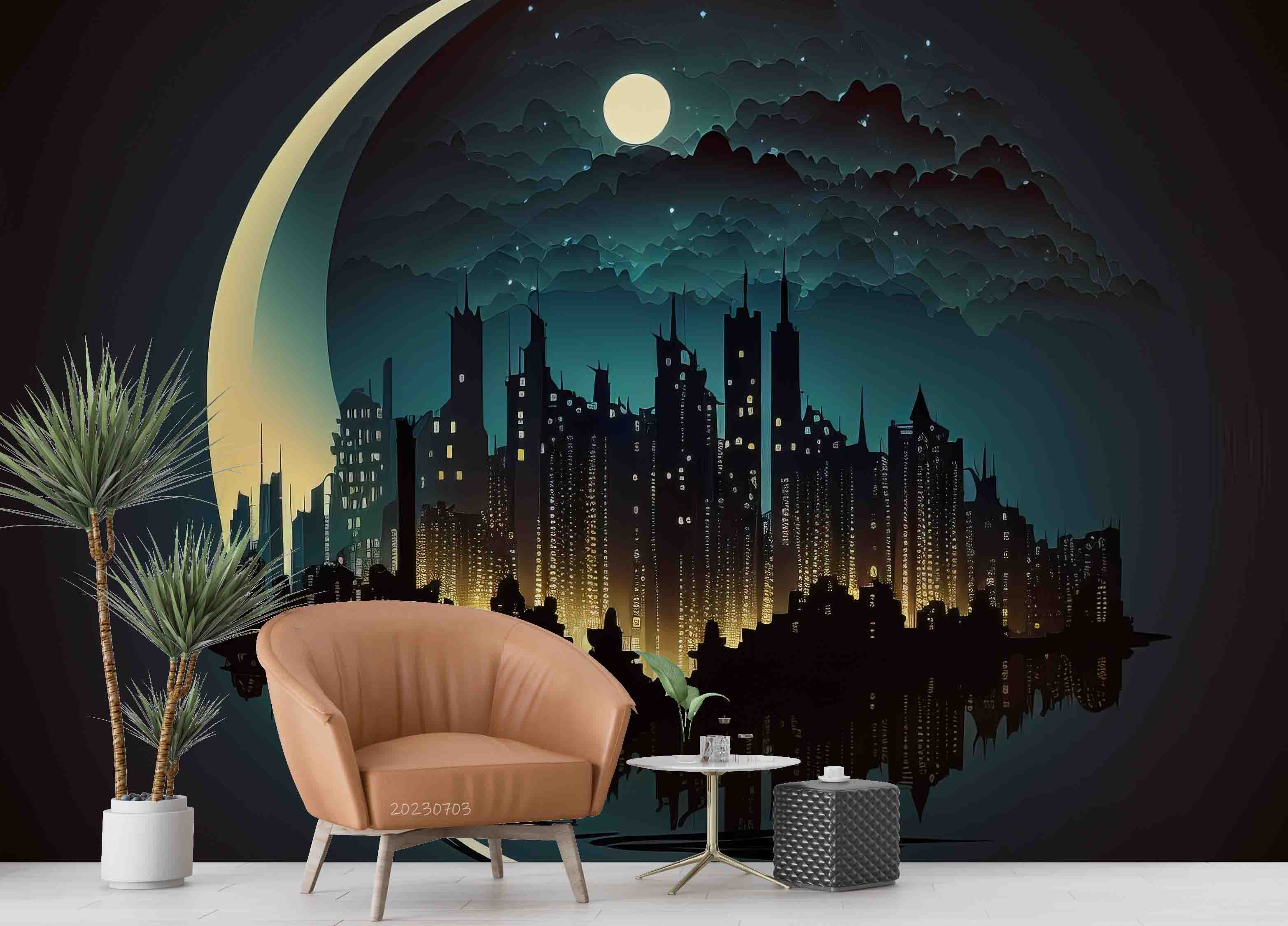 3D Urban Architecture Moon Star River Wall Mural Wallpaper YXL 1859