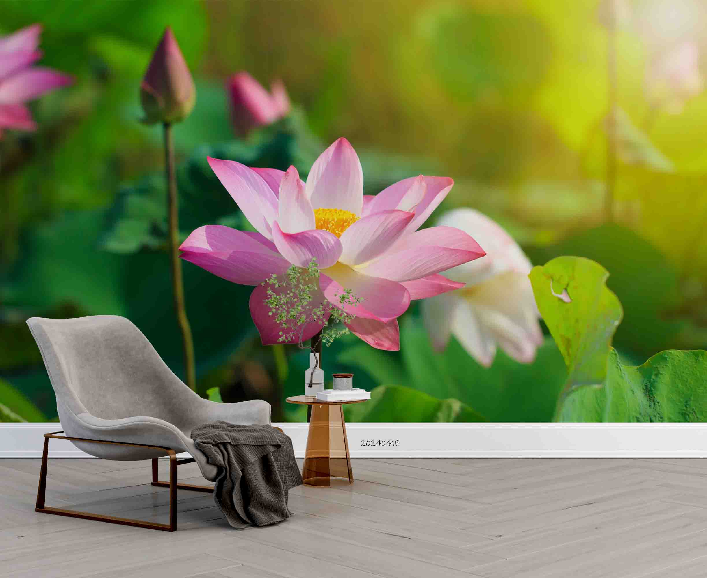 3D Pond Pink Lotus Leaf Wallpaper Wall Mural Wall Decor Wall Art Wall Sticker Remoable Wallpaper