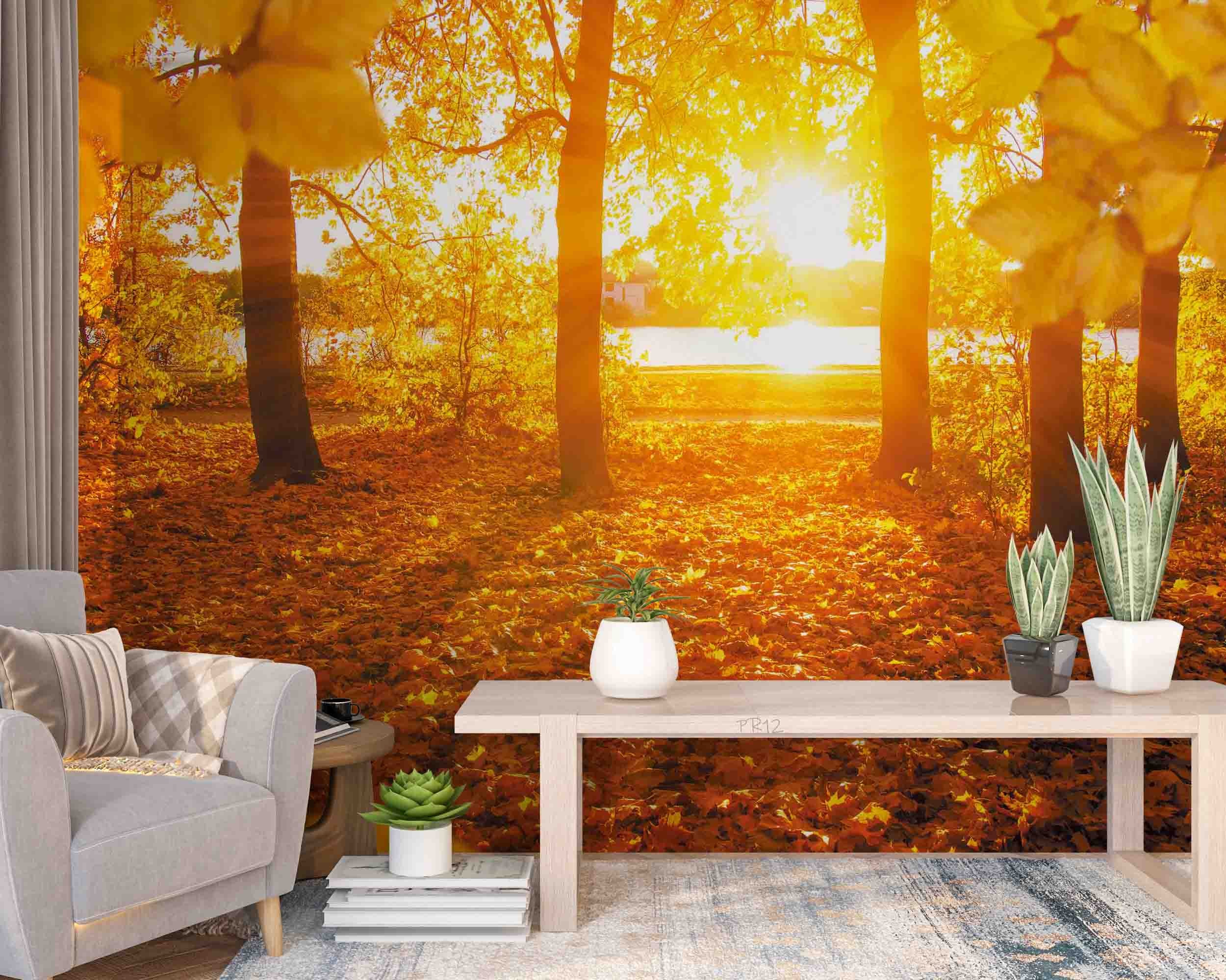 3D Autumn Forest Fallen Leaves River Sunset Scenery Wall Mural Wallpaper GD 4978- Jess Art Decoration