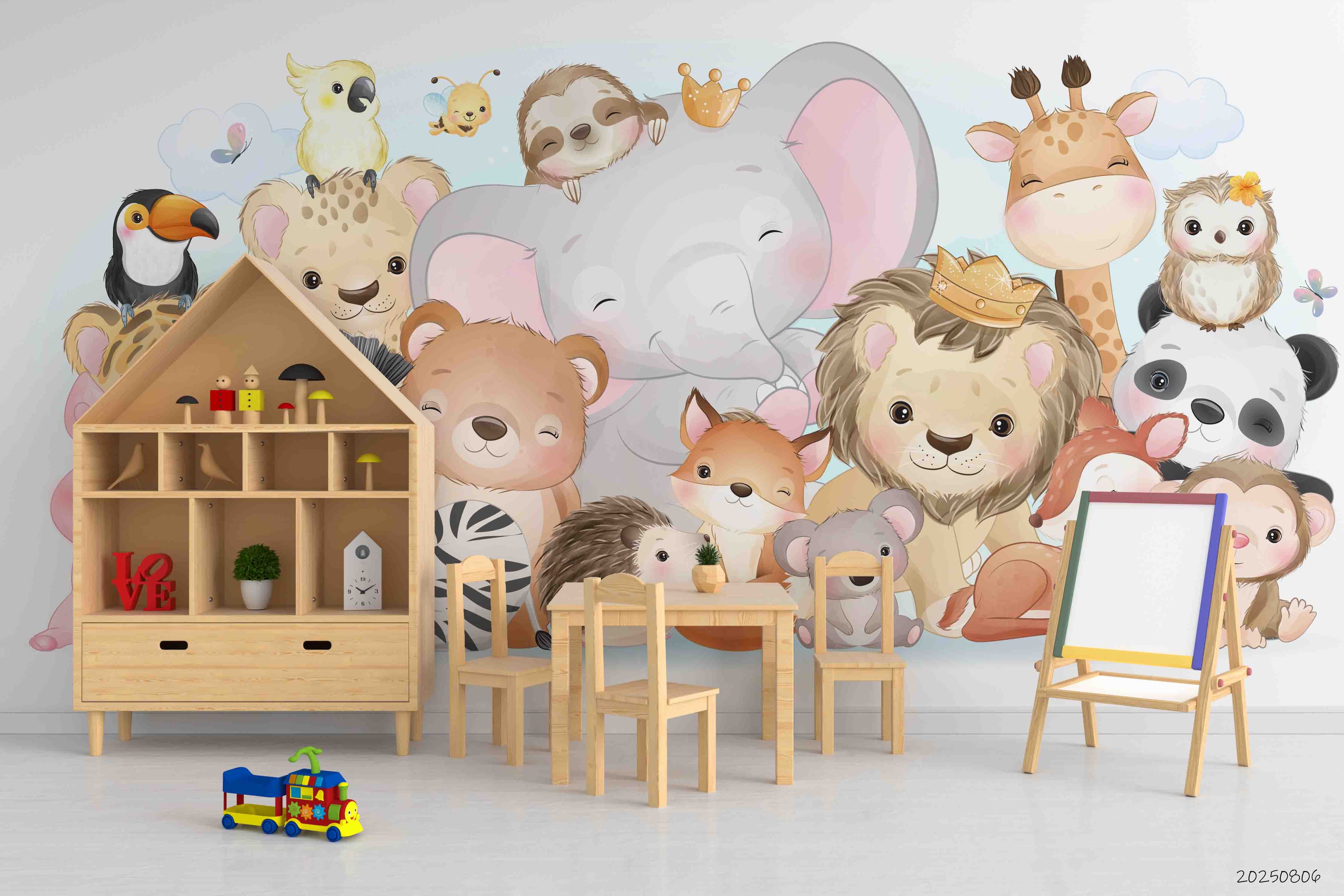 3D Childcare Nursery School Cartoon Kids Animals Wall Mural Wallpaper JN 54