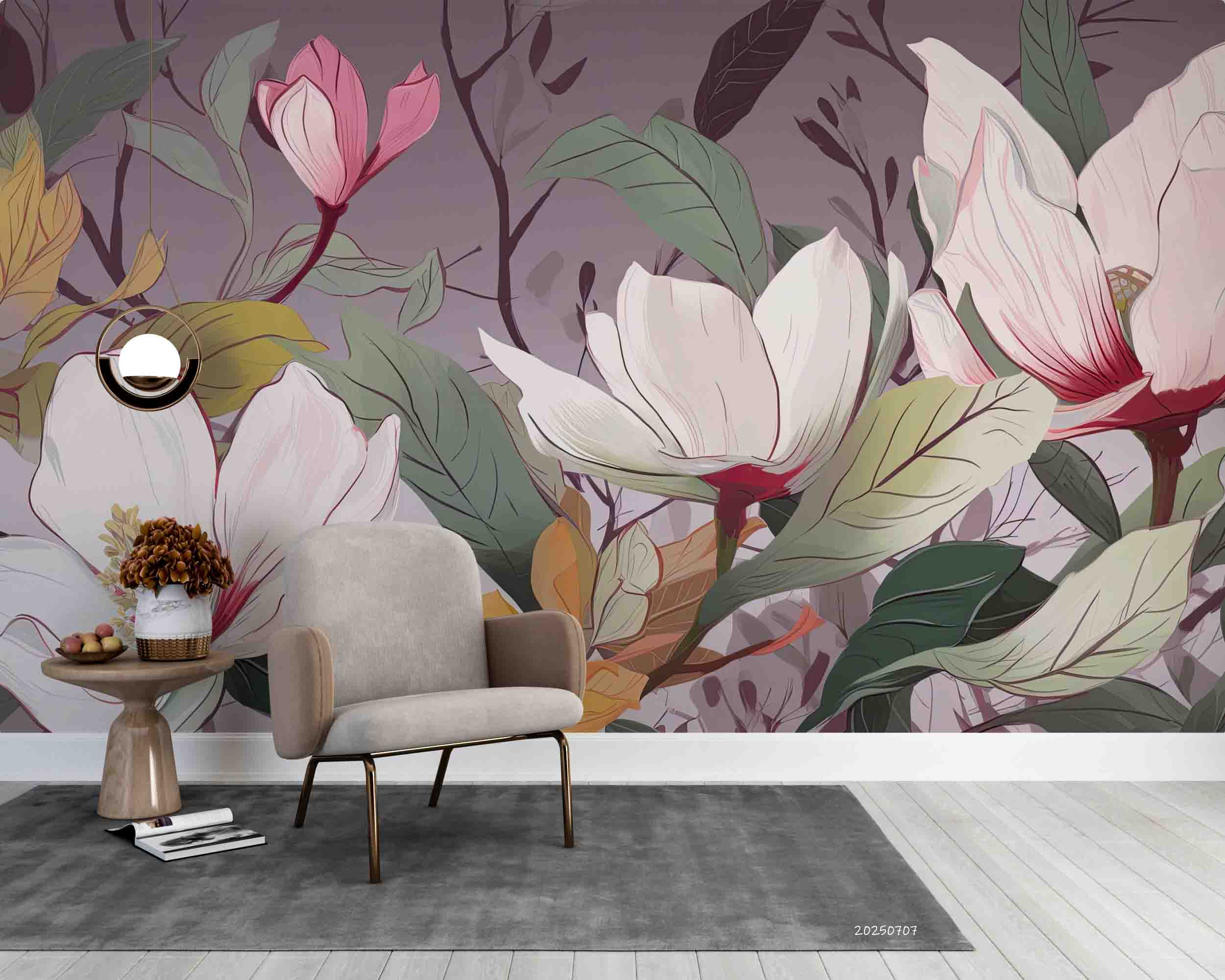3D Hand Drawn Pink Magnolia Blossom Wallpaper Wall Mural Wall Decor Wall Art Wall Sticker Remoable Wallpaper 6