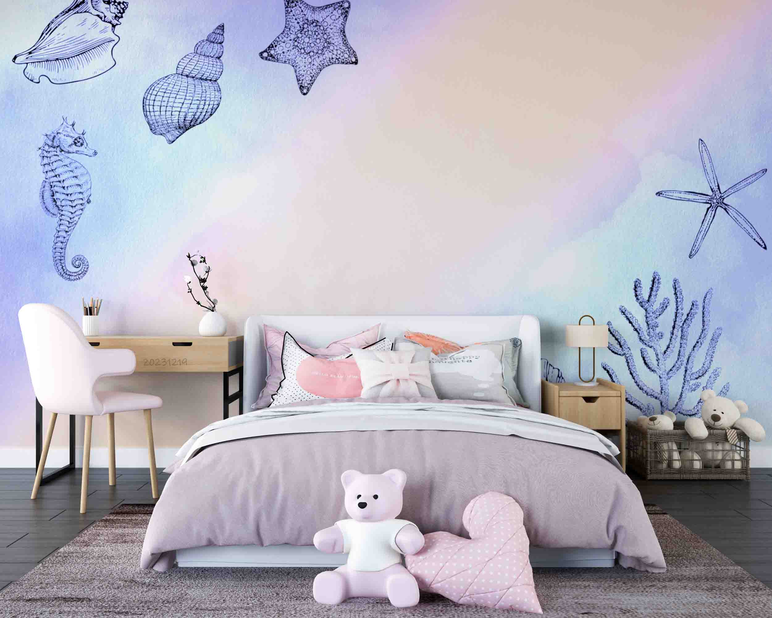 3D Animal Conch Coral Sea Horse Starfish Sea Wall Mural Wallpaper YXL 07