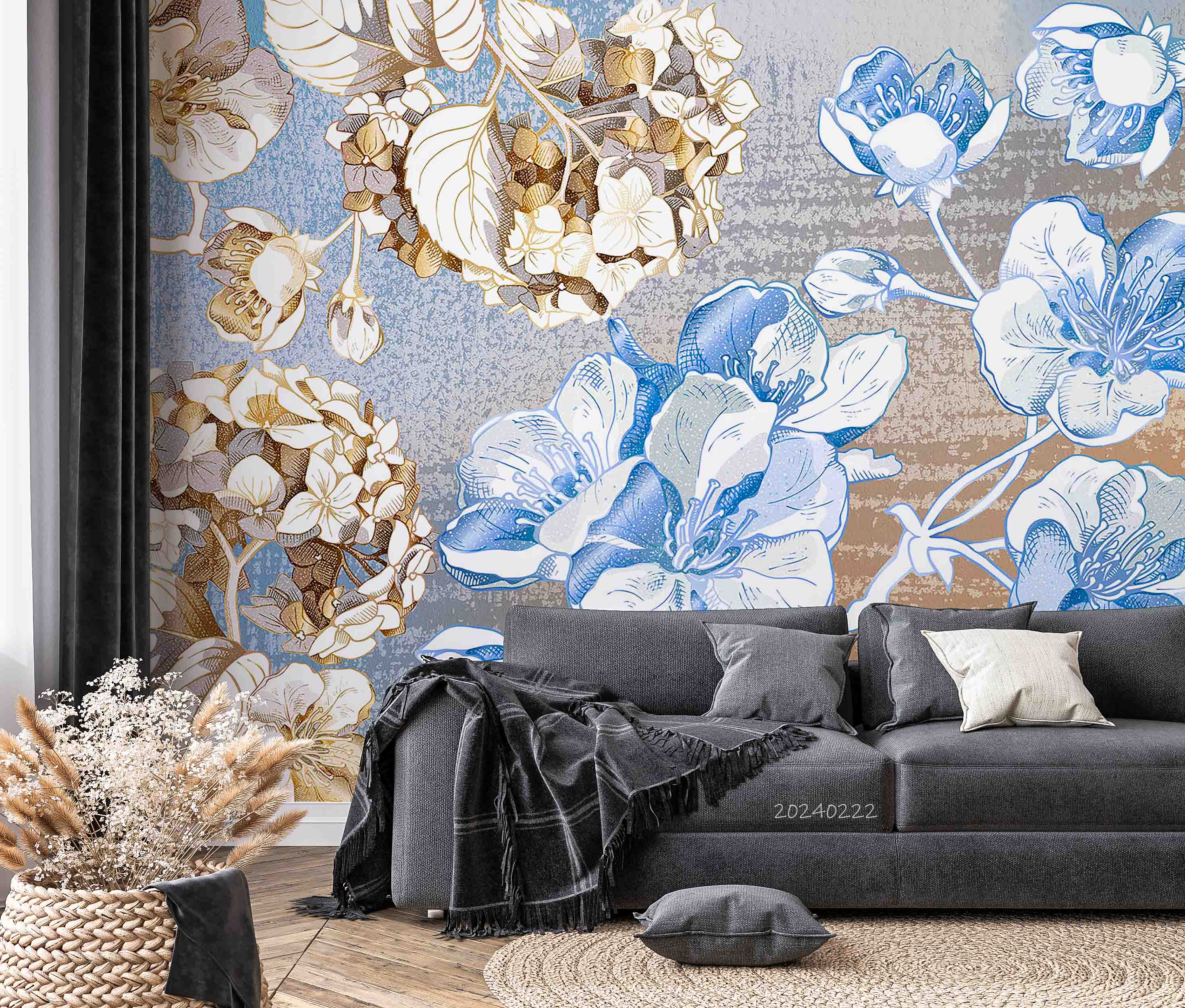 3D Watercolor Blue Brown Floral Wallpaper Wall Mural Wall Decor Wall Art Wall Sticker Remoable Wallpaper LQH 13