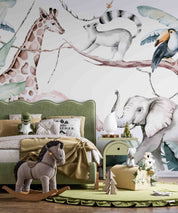 3D Animal Flamingo Giraffe Cat Elephant Rhinoceros Leaf Wall Mural Wallpaper YXL 2532